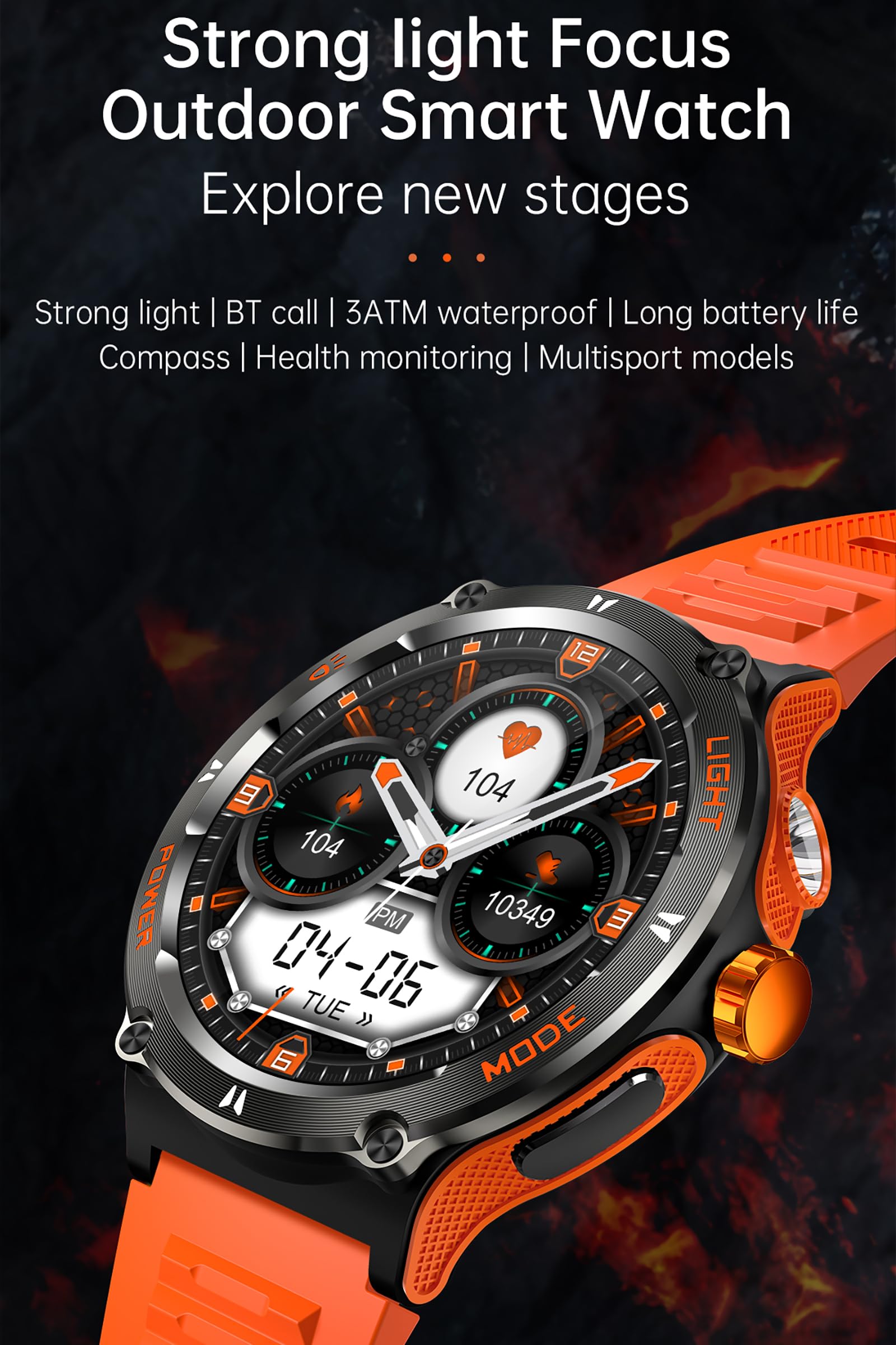 smartwatch bussola, orologio militare, robusto smartwatch con torcia a LED, funzione telefonica, frequenza cardiaca 24H, orologio fitness per Android iOS