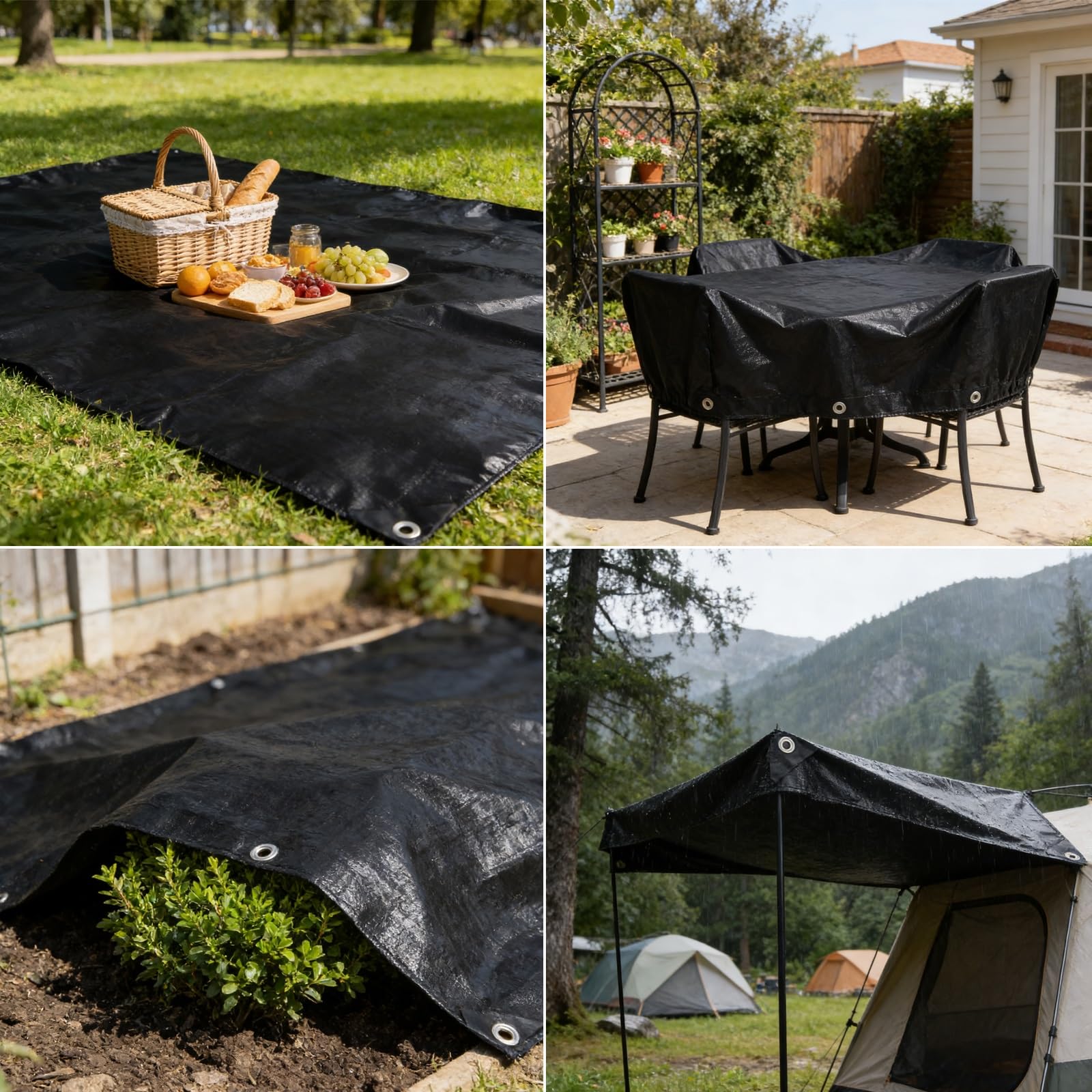 Plandeka Wodoodporna Plandeka 1.6 x 1.6 m 140G M² Odporna Na Promieniowanie Uv, Rozdarcie, Pleśń Najwyższej Jakości Do Ogrodu, Kempingu, Wielofunkcyjny, Czarny