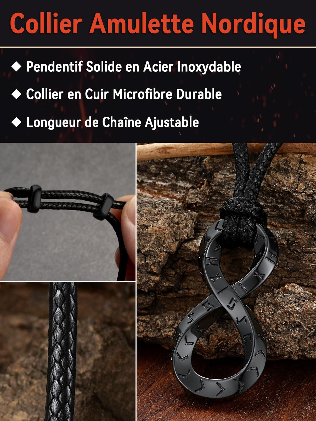 FaithHeart Collier Viking Homme, Pendentif Anneau de Möbius Acier Inoxydable, Cordon Cuir Pendentif Runique Rond/Triangle/Infini/Barre/Troll, Bijoux Amulette Porte Bonheur