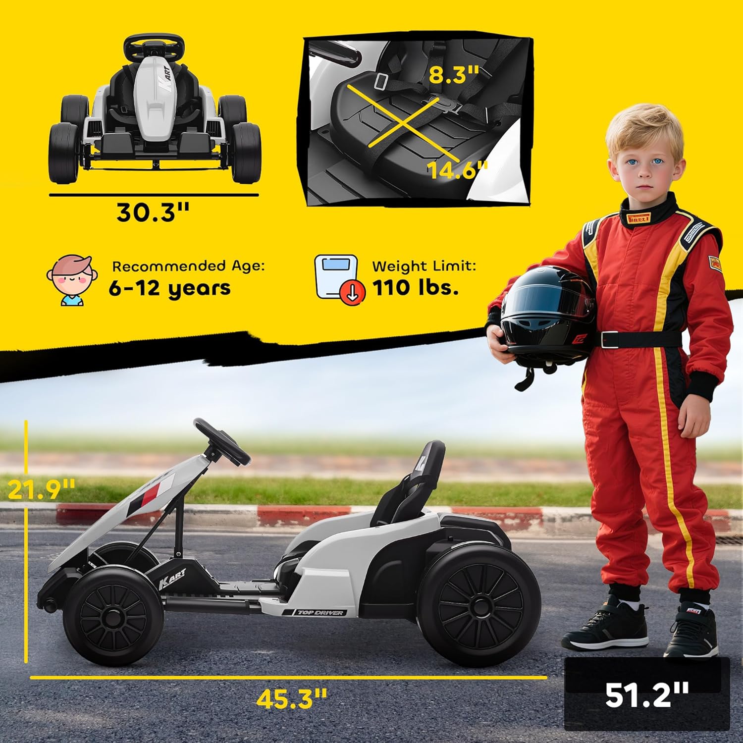 Qaba Electric Go Kart, 24V 9Ah Big Battery, Kids Drift Kart with Dual 150W Motors, Adjustable Seat & 11.2MPH High Speed, Slow Start, 5-Point Safety Belt, for 6-12 Years, White