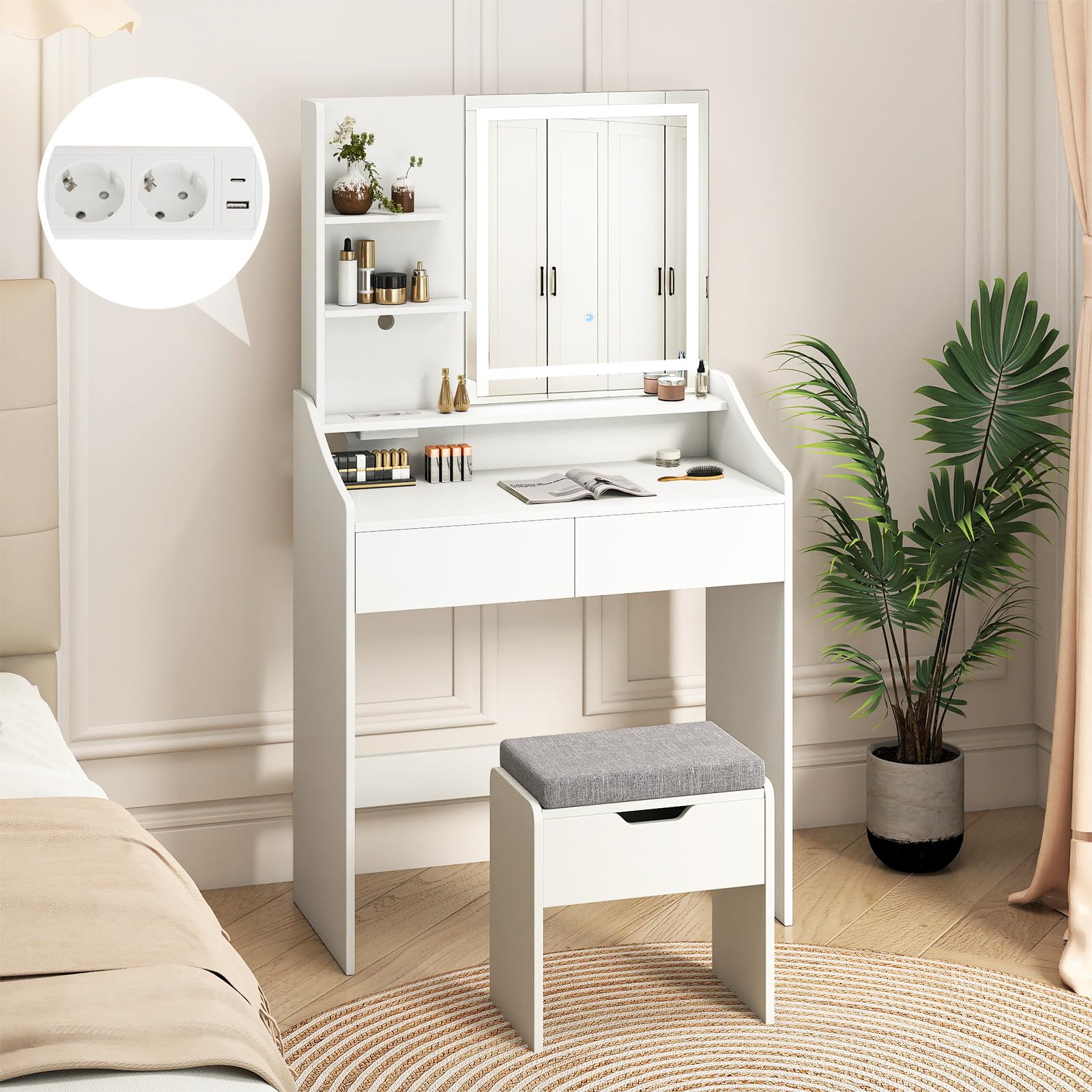 GIANTEX Set da Trucco con Sgabello e Specchio LED