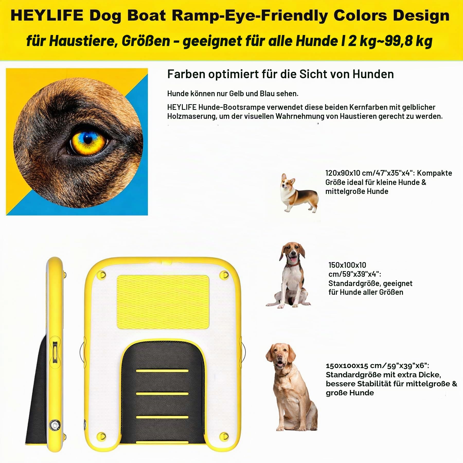 HEYLIFE Aufblasbare Hunde Wasserrampe bis 82 kg Schwimmend Pool See Gelb | Hunderampen UV & Salzwasserfest 120×90×10 (cm) Rutschfeste kratzfeste EVA-Auflage Doppelhub-Handpumpe & Zubehörset