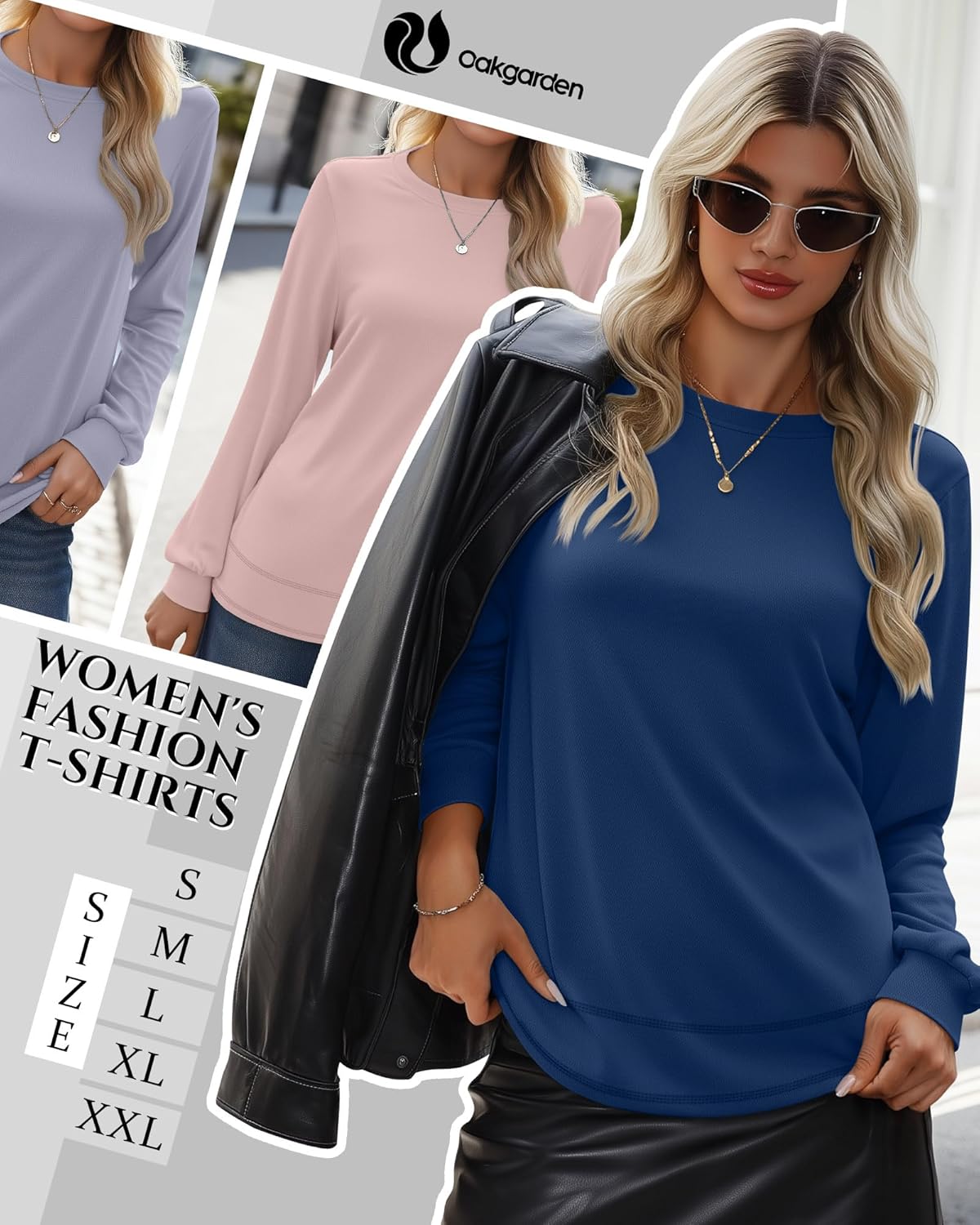 4 Pack Women's Long Sleeve Sweatshirts, Crew Neck Cotton Tees Curved Hem Tunic Pullover Shirts Knit Loose Tops - Image 3