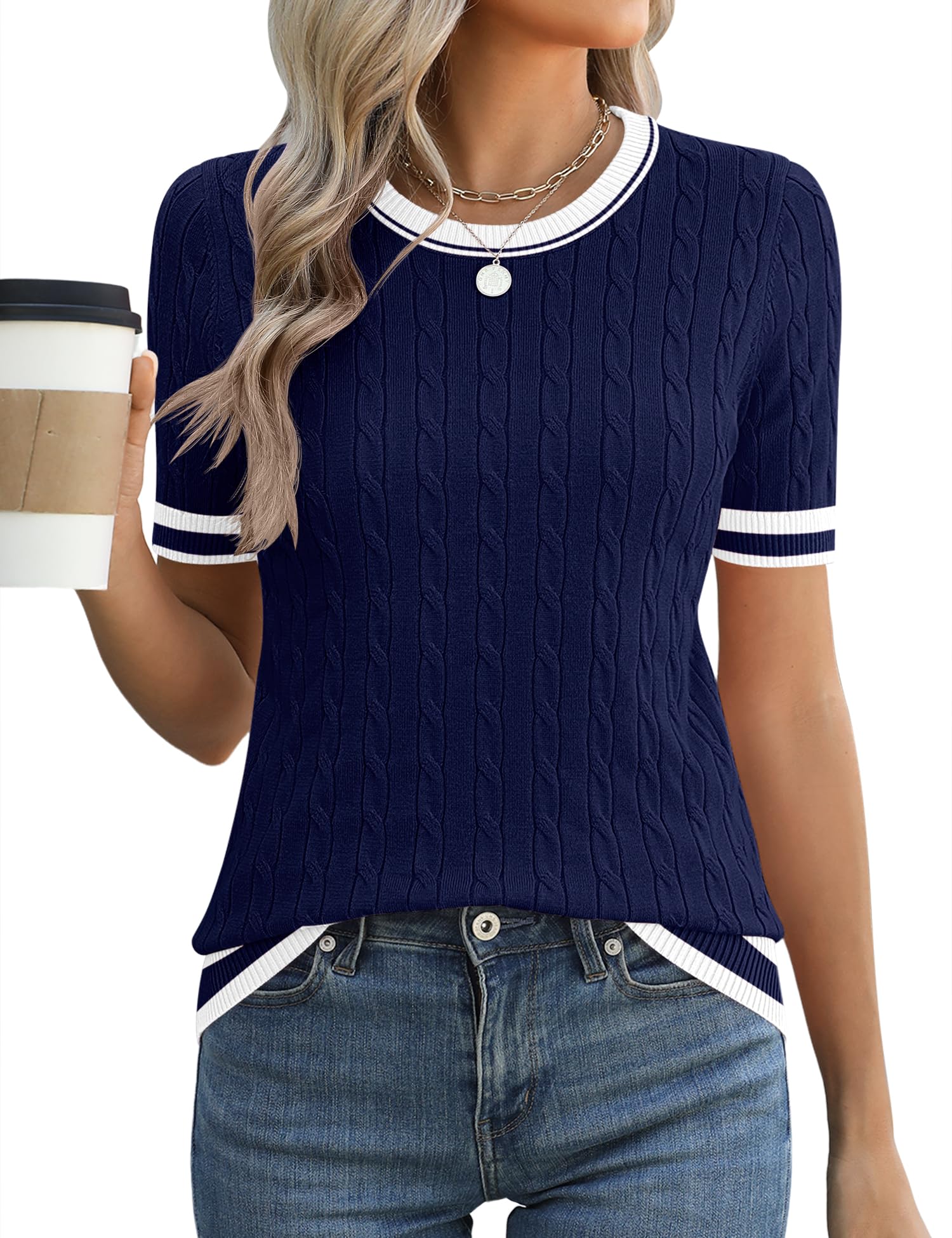 Women's Short Sleeve Sweater Top, Cable Knit Crewneck Shirt