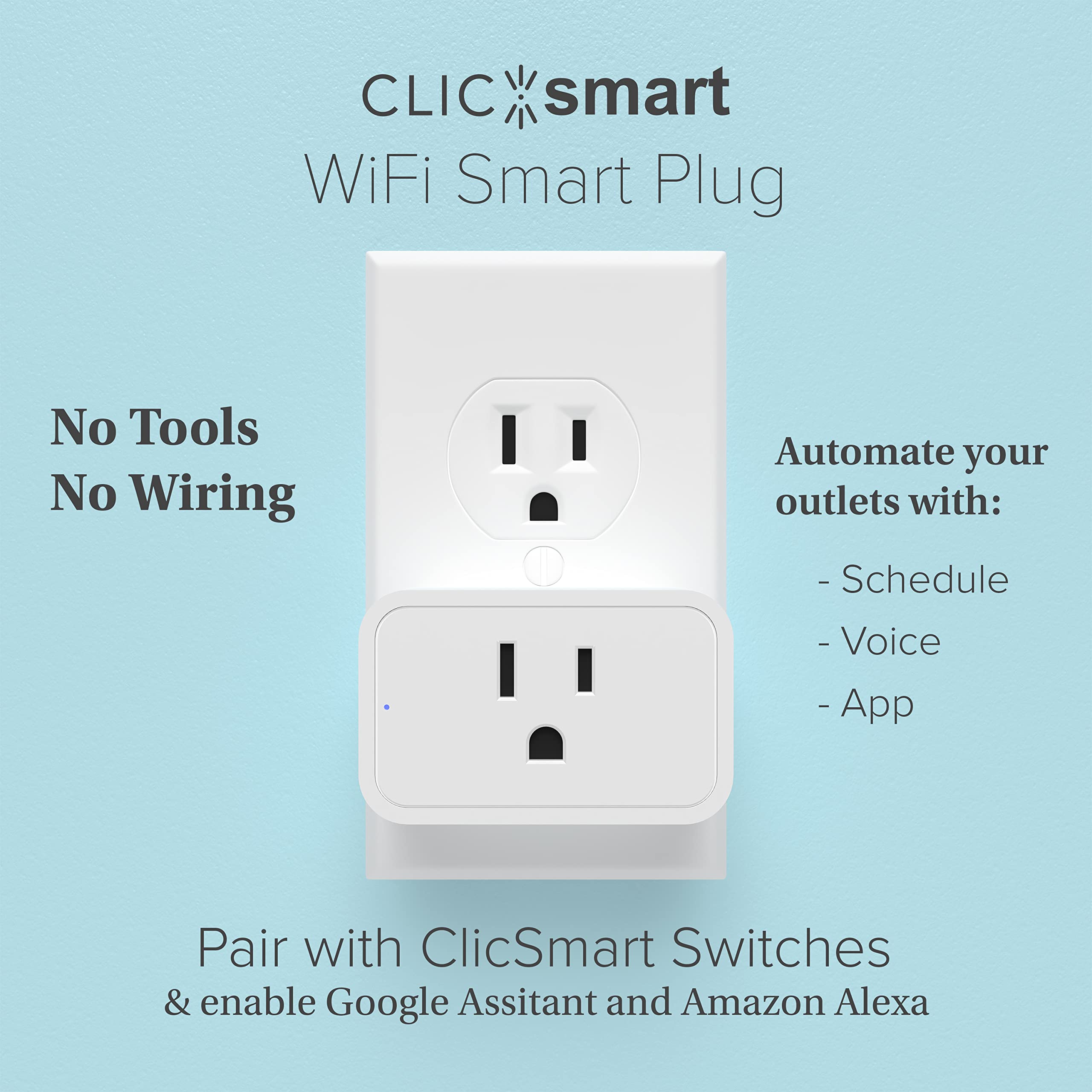 ClicSmart Smart Home Wi-Fi Outlet Smart Plug for Outlets | Compatible with Alexa & Google Home to Control by Voice | Remote Control Regular Lights and Devices from Anywhere via Free ClicSmart App