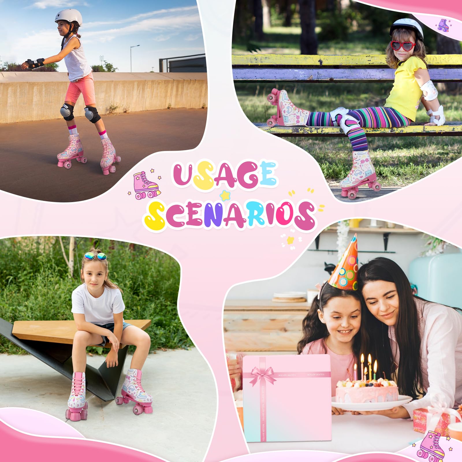 YYW Roller Skates for Girls Light Up Kids Roller Skate Double Row High Top Pink Graffiti Roller Derby Skates Girl Ages 8-12 Quad Skates White with Flashing Wheel 35-8.97in - Youth 4