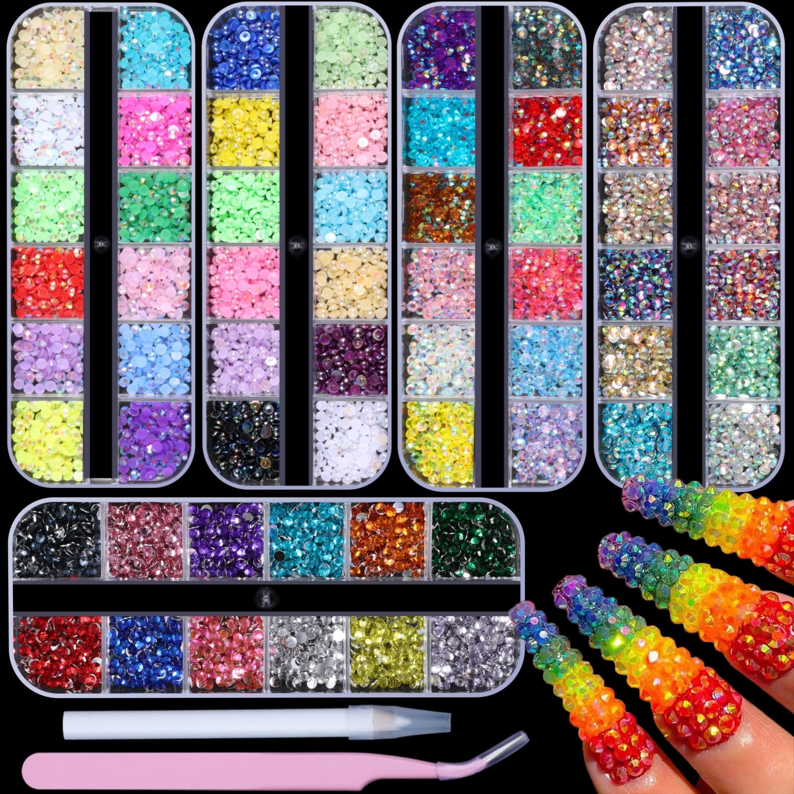 5 cajas de 7200 piezas de diamantes de imitación de cristal brillante, con parte trasera plana, gemas de sirena AB multicolor transparentes con bolígrafo recogedor y pinzas curvadas para salón de