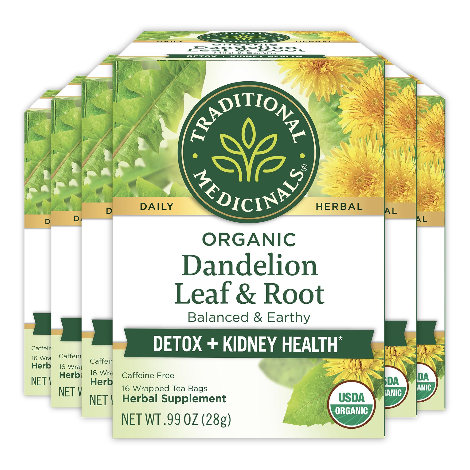 Traditional Medicinals Organic, Dandelion Leaf & Root - Dandelion Root Tea, Supports Normal Detox + Digestion - Kosher, Non-GMO, Caffeine-Free, Compostable - 96 Tea Bags (6 Packs of 16)
