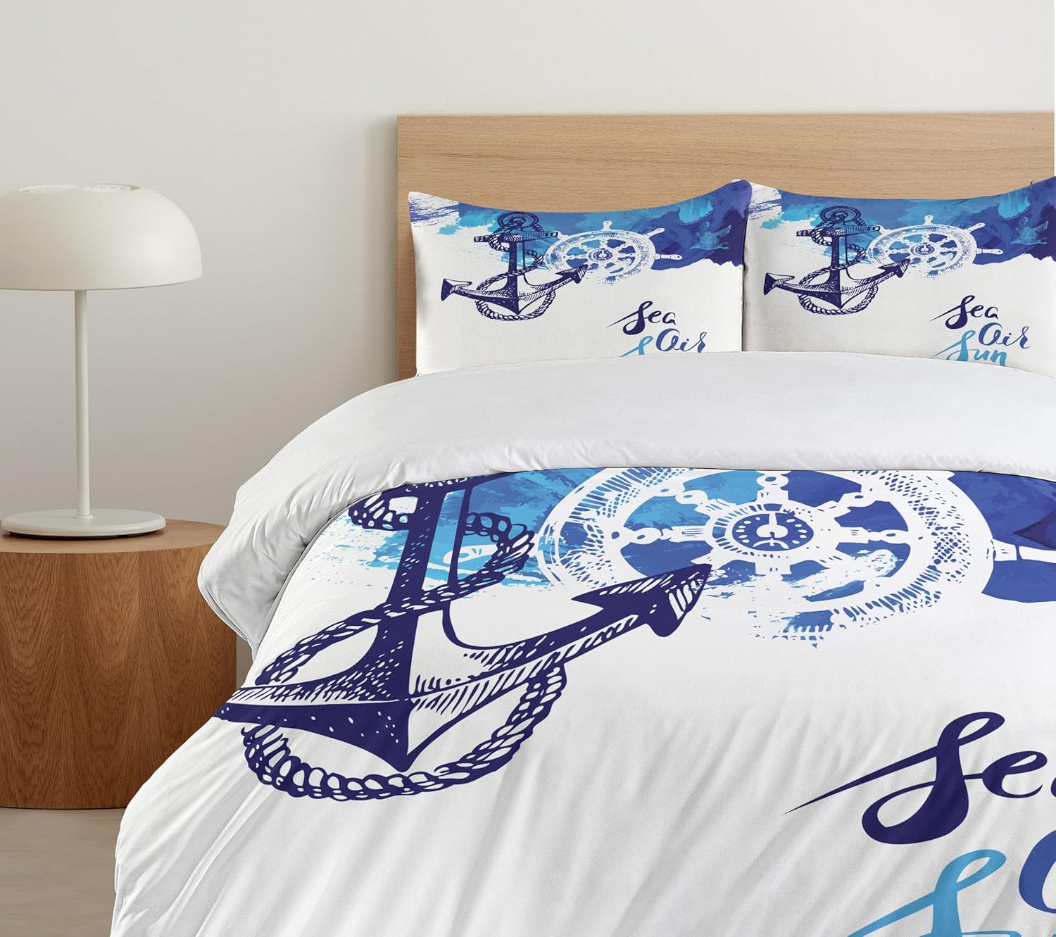 Ambesonne Nautical Duvet Cover Set, Vivid Ocean Back with Paint Effects with Wind Rose and Rudder Cruise Image, Decorative 3 Piece Bedding Set with 2 Pillow Shams, King Size, Shades of Blue King Shades of Blue