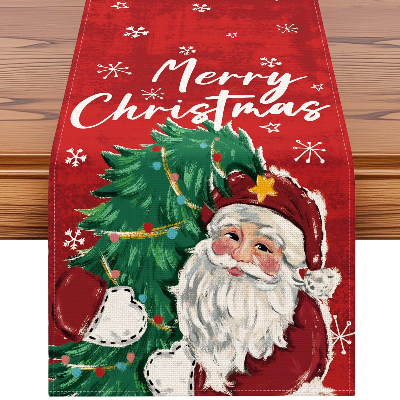 Artscope Christmas Tree and Santa Claus Merry Christmas Table Runner, Xmas Seasonal Winter Holiday Kitchen Dining Table Decoration for Home Party Decor 40x240cm (Red)