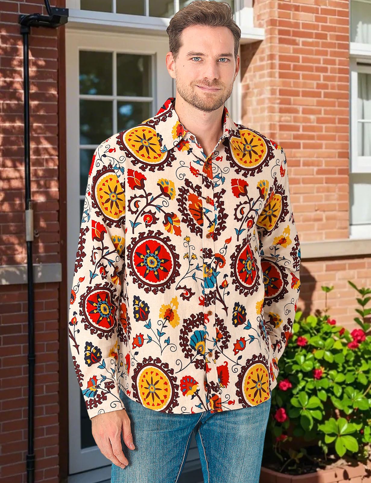 Camicia Anni 70 Hippie da Uomo Manica Lunga Camicie Floreale Fantasia Funky Casual