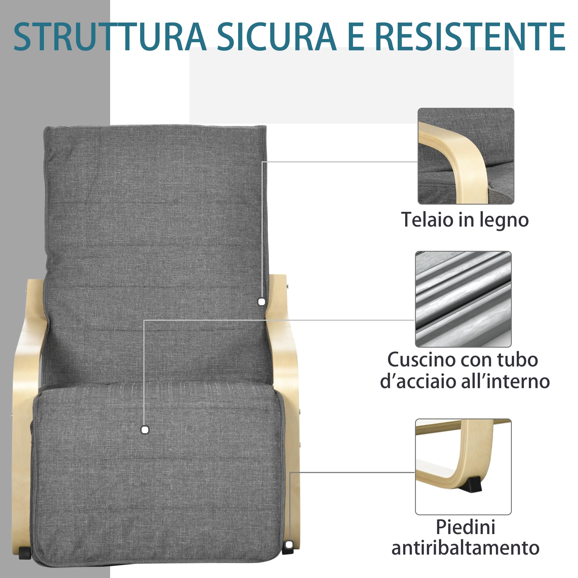 HOMCOM Poltrona Relax in Legno con Poggiapiedi a 5 Livelli e Poggiatesta, Poltrona Ergonomica in Legno di Betulla e Tessuto, 66,5x94x100 cm, Grigio