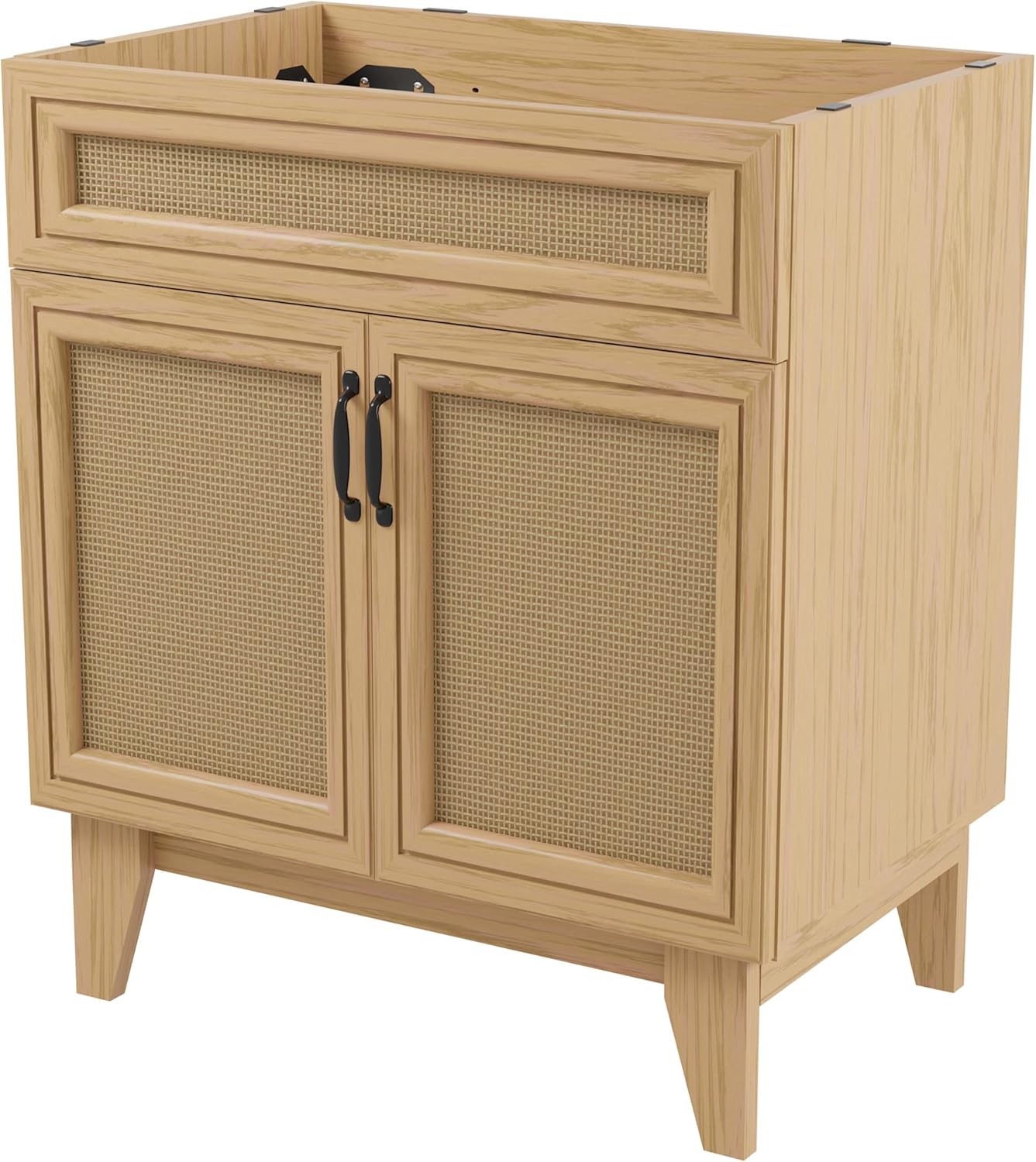 JONATHAN Y VAN1010A Javer 30 in. W x 18 in. D x 33 in. H Rattan Modern Farmhouse 2-Shelf Bath Vanity Cabinet Only (Sink Basin not Included), Oak