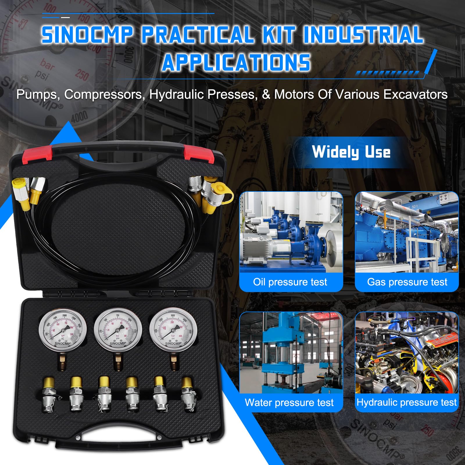 Kit de test de pression pour manomètre hydraulique SINOCMP 6 raccords 3 flexibles de test longs de 160 cm et 3 manomètres 10/25/40 MPA pour excavatrice