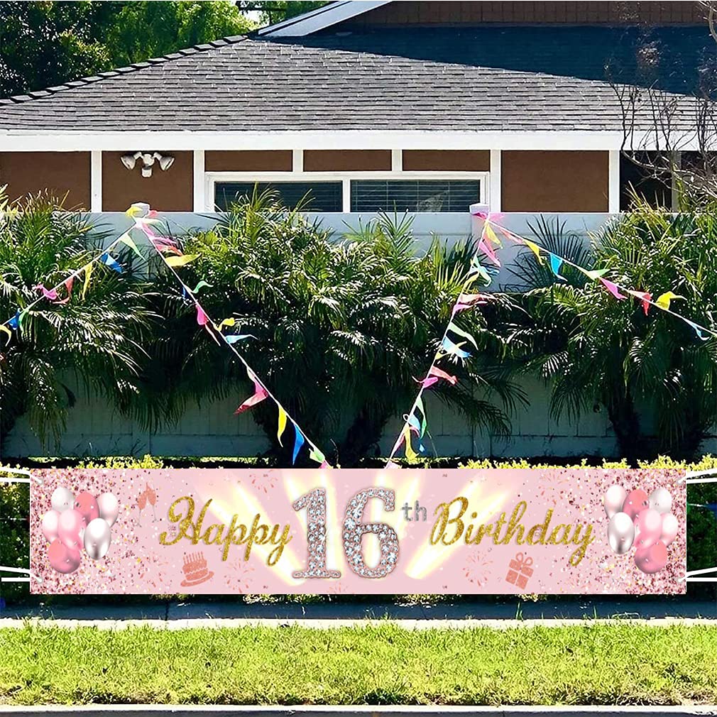 Tecreo 16th Birthday Decoration for Girls Fabric Poster Yard Banner 6th Birthday Party Welcome Sign Yard / Wall / Cake / Table Decoration Glitter Pink