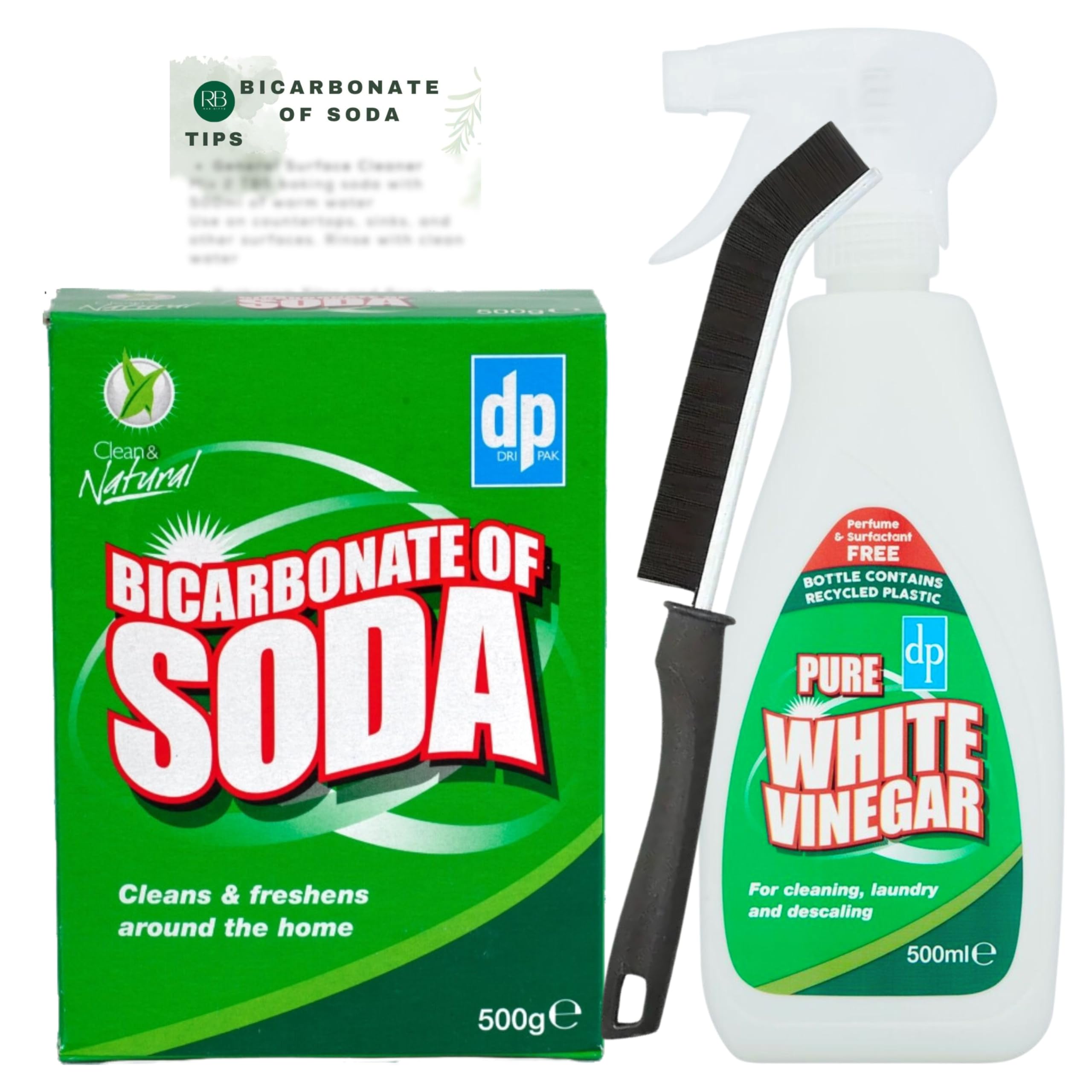 Rab Gifts White vinegar for cleaning Bundle with Dri Pak White Vinegar Spray 500ml and Bicarbonate of Soda for Cleaning 500g with Crevice Cleaning Brush and Guide