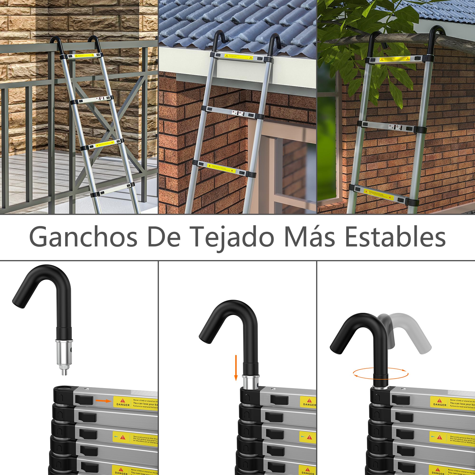 gymount Escaleras Plegables Aluminio, 3,8m Escalera Telescópica, Escalera Plegable Portátil, con Barra Estabilizadora y Ganchos Extraíbles Adecuado para Mantenimiento del hogar, Camping, Carga 150 KG