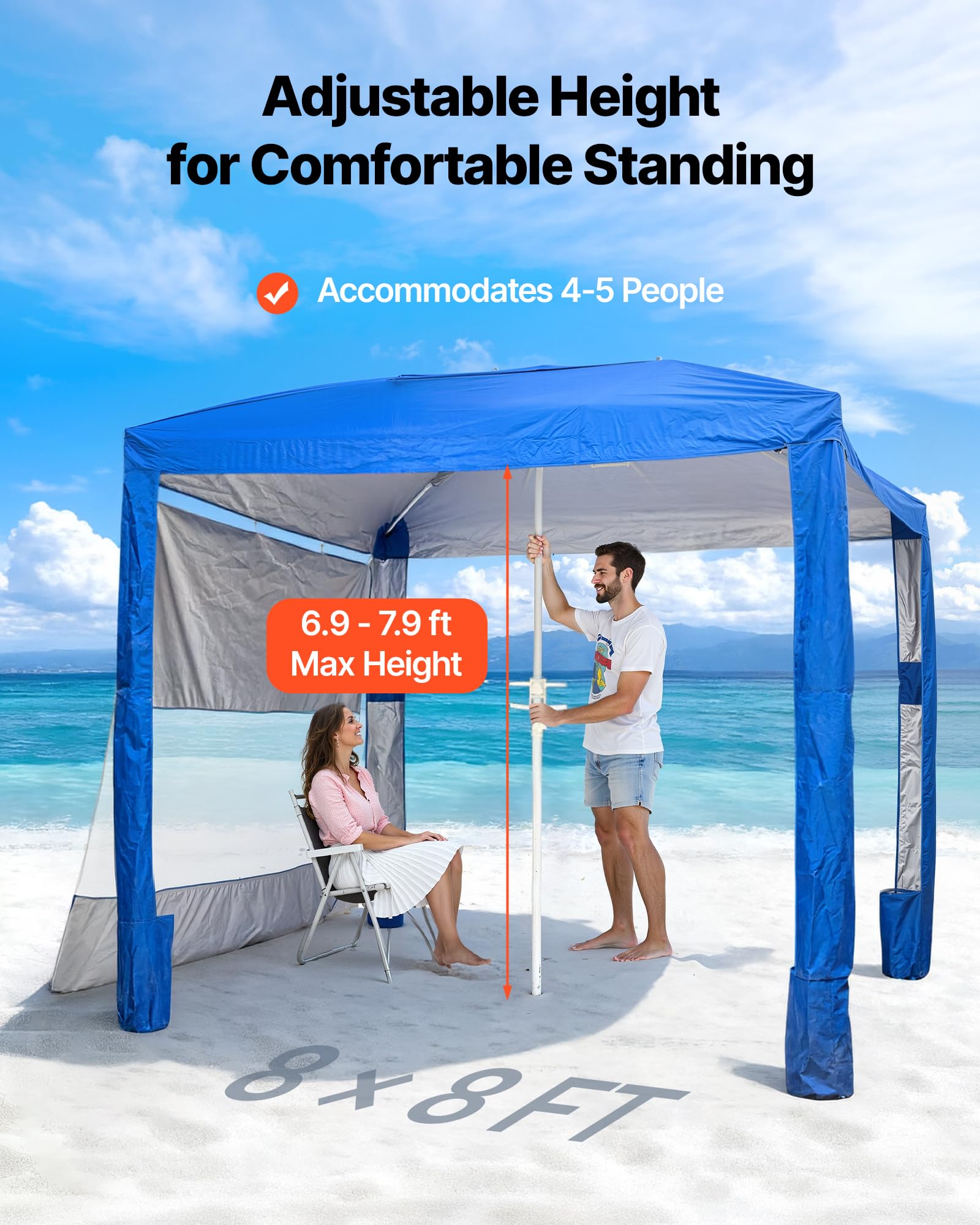 VEVOR Cabaña de Playa 2,4 x 2,4 m, con Pared Lateral, Protección Solar UPF 50+, con Sacos de Arena, Toldo Ajustable en Altura y Portátil para Disfrutar en Familia o con Amigos, Azul Marino Liso