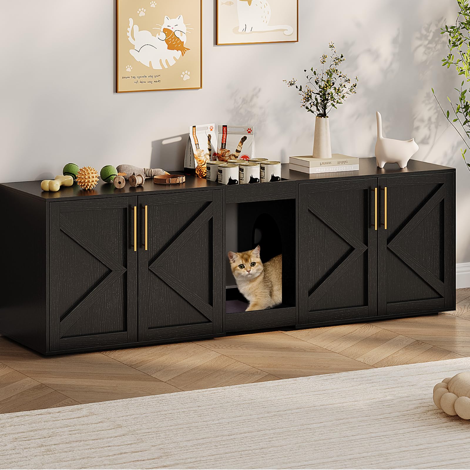 Garvee Cat Litter Box Enclosure, Hidden Litter Box Furniture with Air Vents & Door, Wooden Pet House Side End Table with Built-in Handles, Multi-Functional Cat Cabinet for Living Room