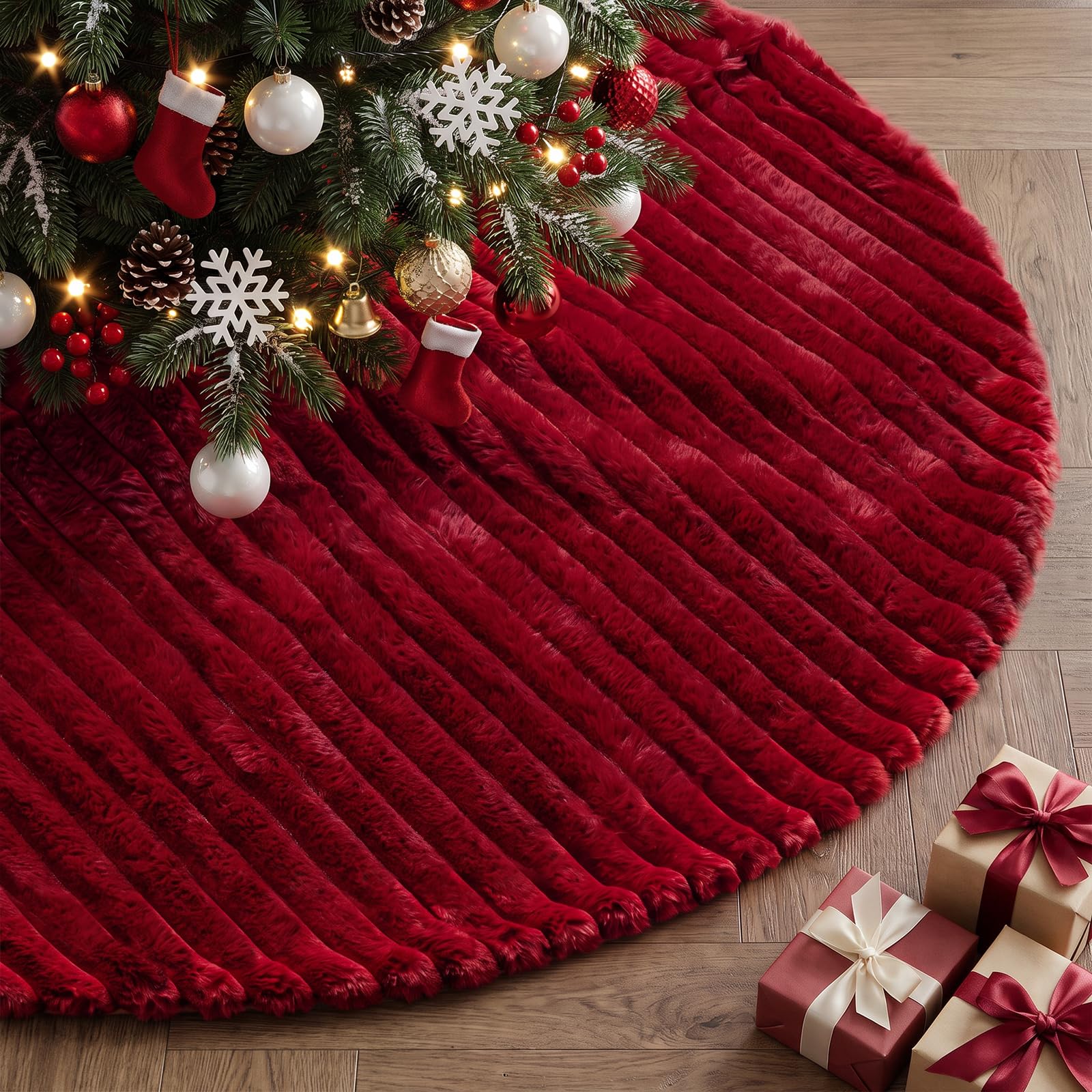 Lanpn Christmas Tree Skirt 60cm, Faux Fur Xmas Tree Skirt Plush Winter Christmas Tree Mat for Small Mini Pencil Slim Artificial Trees Winter Home Party Indoor Xmas Decor (Red, 24 inch)