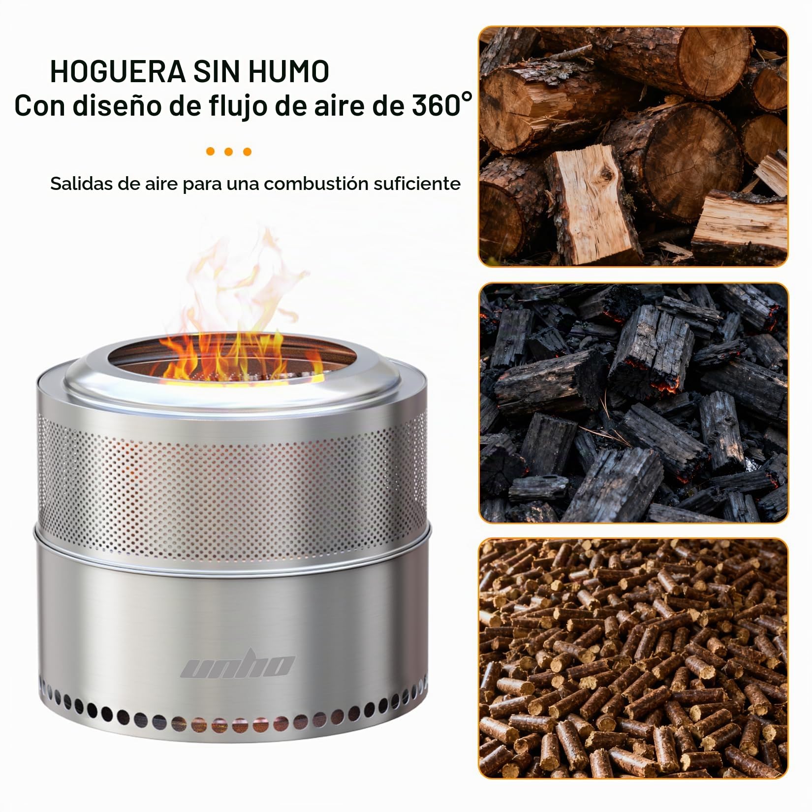 UNHO Brasero Leña de Acero Inoxidable Portátil - Estufa con Agujeros de Aire para Exterior para Jardín Camping Terraza, 50cm