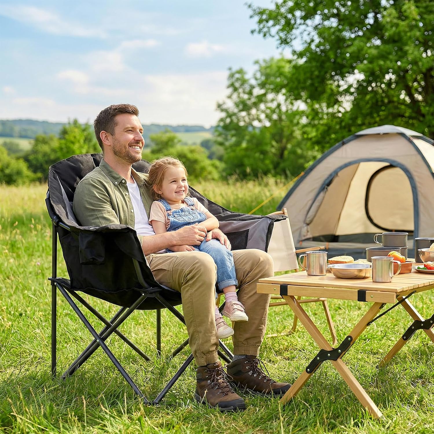 NAIZEA Padded Camping Chairs with Cooler Bag, Folding Camping Chair for Adults Outdoor, Heavy Duty Heated Lawn Chair for Camp, Garden, Firepits, Patio, & More