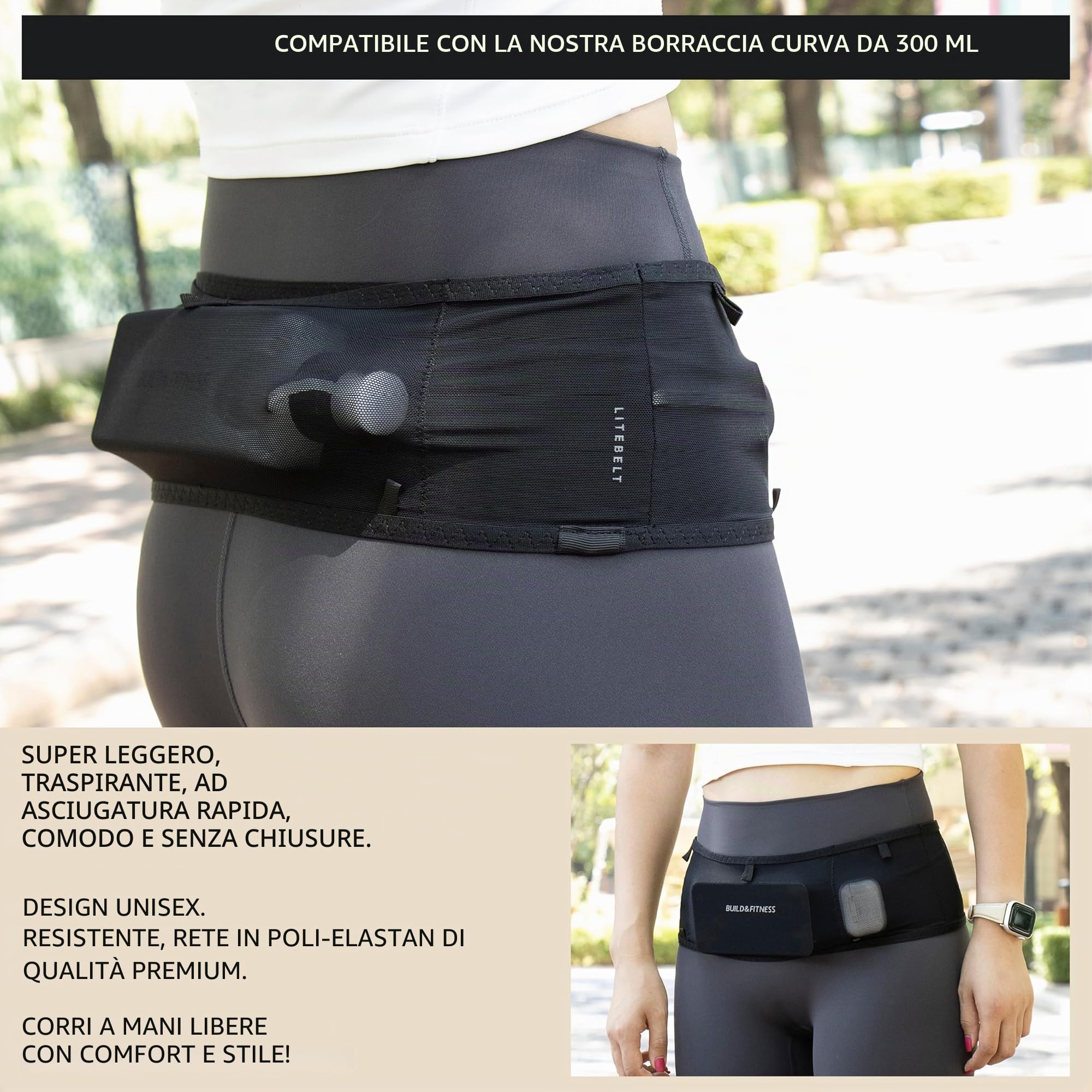 Build & Fitness LiteBelt Cintura da corsa - 4 tasche ad accesso rapido dall'alto - Marsupio super leggero, sottile, supporto per telefono da corsa - GU di tutte le dimensioni - per uomo e donna, L