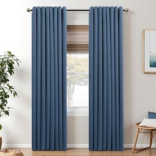 Mrs.Naturall Denim Blue Curtains 84 Inch Length for Living Room,Grommet Black Out Boho Farmhouse Country Thermal Insulated Linen Blackout Curtains 84 Inches Long for Bedroom 2 Panels Set,Dark Blue