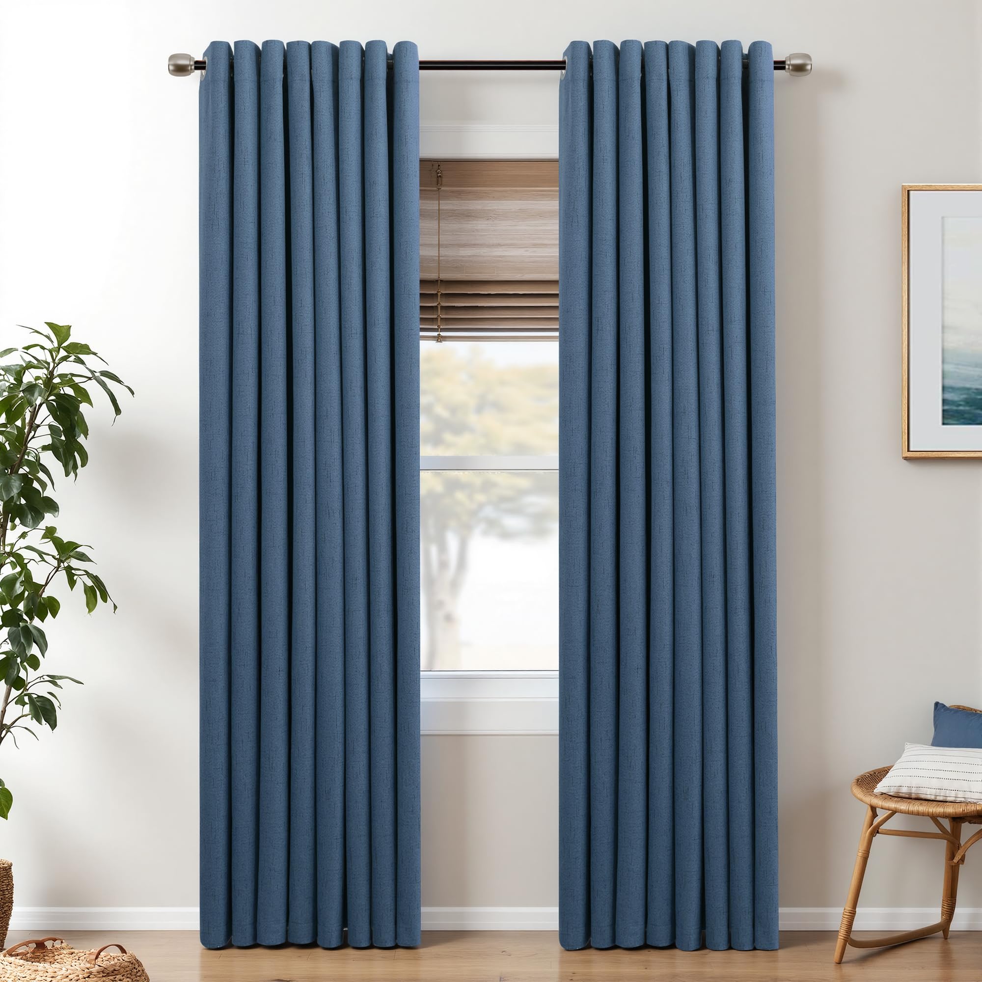 Mrs.Naturall Denim Blue Curtains 84 Inch Length for Living Room,Grommet Black Out Boho Farmhouse Country Thermal Insulated Linen Blackout Curtains 84