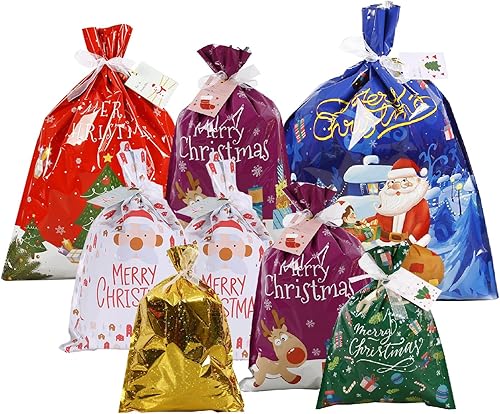 Mxphofra 30 bolsas de regalo de Navidad, bolsas de regalo de Navidad de varios tamaños con etiquetas, bolsas de regalo de Navidad con cordón, bolsas