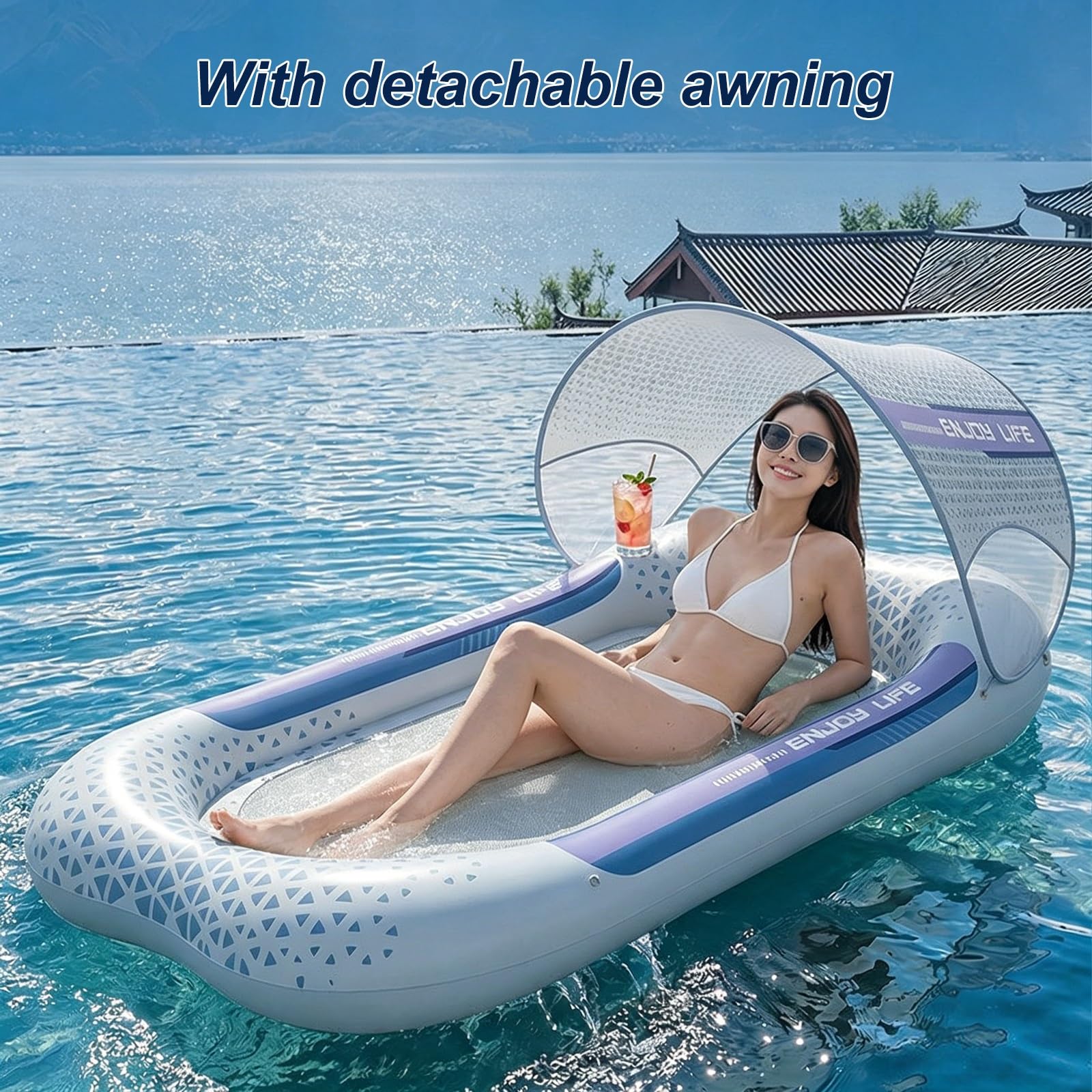 Matelas Piscine, Transat Piscine Gonflable avec Porte-gobelet et Pare-Soleil Amovible, Fond en Filet, Idéal pour la Plage et Les Lacs