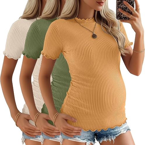 JoyMotion 3 Pack Women's Ribbed Maternity Tops, 3-Color, X-Large