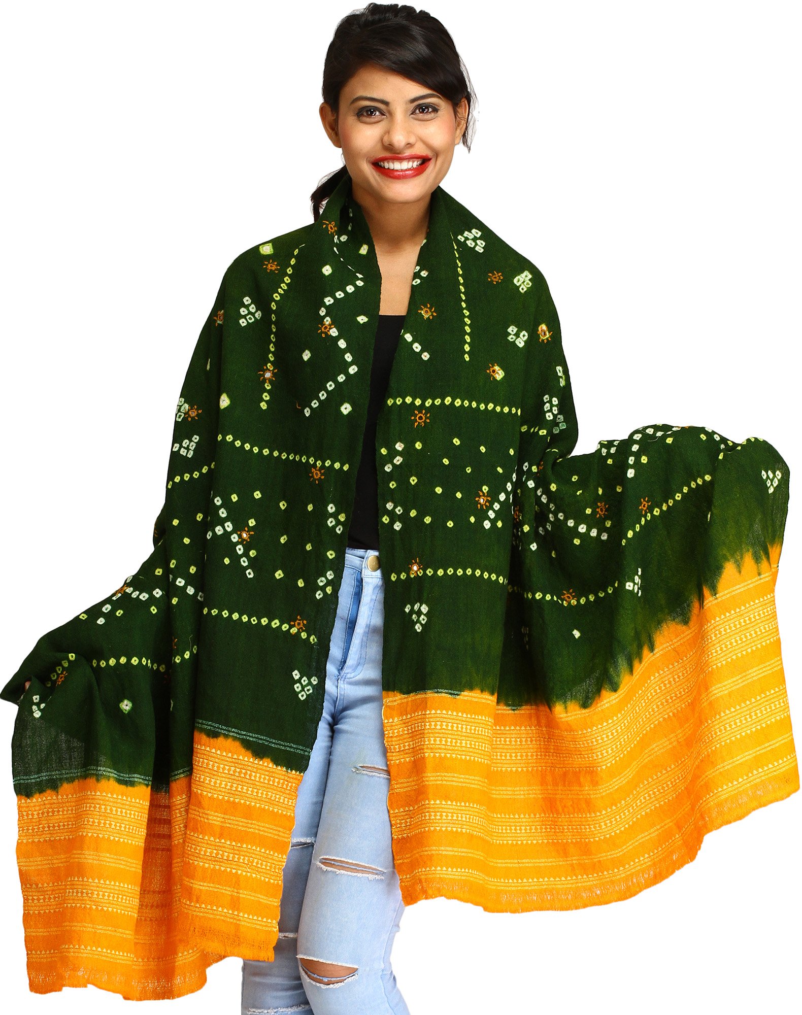 Exotic India Women's Bandhani Tie-Dye from Kutch with Embroidered Mirrors Pure Wool Shawl (SWG08--amberglow-and-cypress)