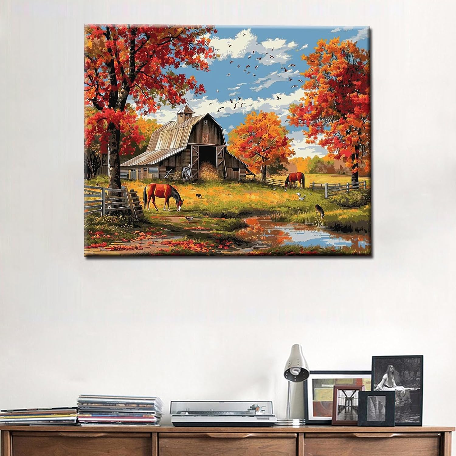 Autumn Farm Scenery Paint by Numbers Kits 16x20 inch Canvas Farm Barn Horse Landscape DIY Oil Painting for Adults Beginner with Brushes and Acrylic Pigment-Nature Fall Scenery Photo Gift(DIY Frame)