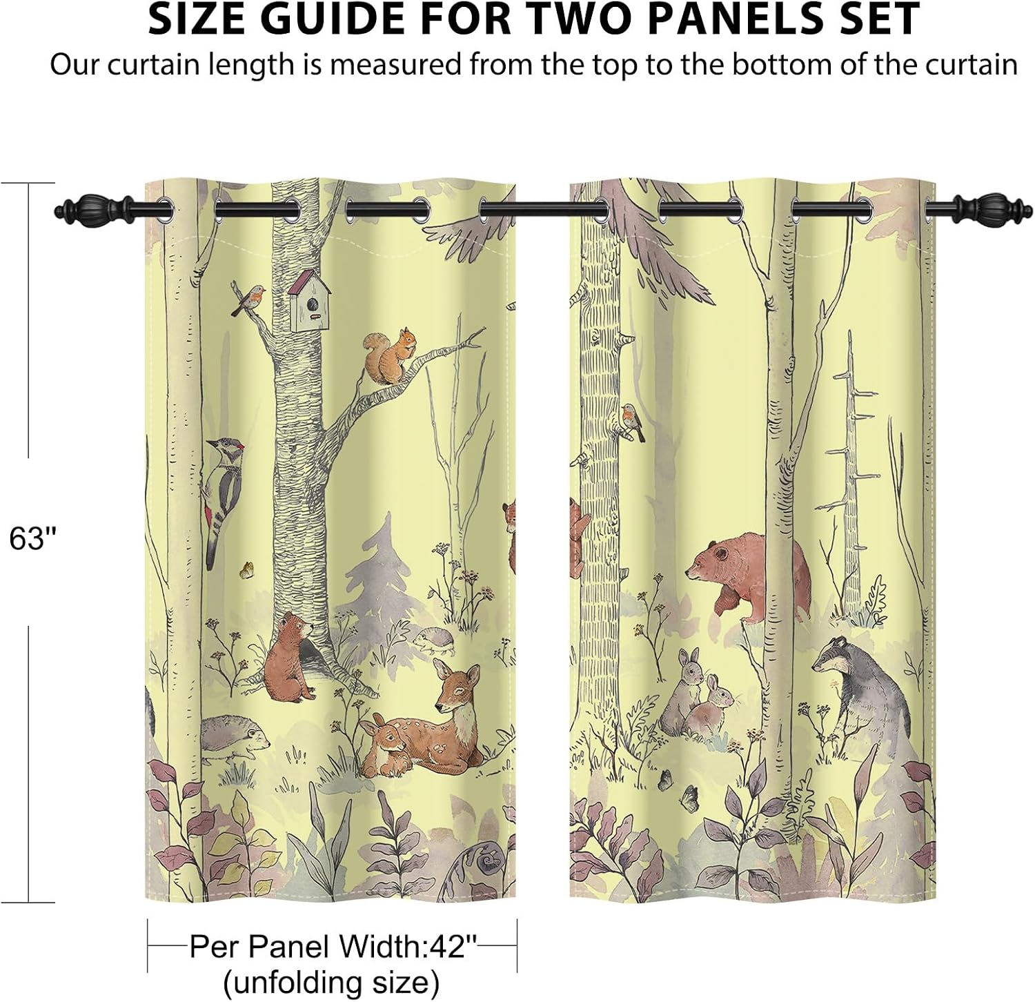 Kids Blackout Curtains for Nursery, Boy's Woodland Animal Print Curtains for Bedroom, Cartoon Room Darkening Window Drapes 2 Panels Set, Yellow, 42W x 63L