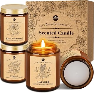 WarmEmbrace Lavender Candles, 4-Pack Scented Candle Set for Women, 7.6 oz Natural Organic Soy Wax in Glass Jar, 160 Hours Long-Lasting Burn, Perfect for Mom Girl Friend Birthday Gifting (4 Fragrance)