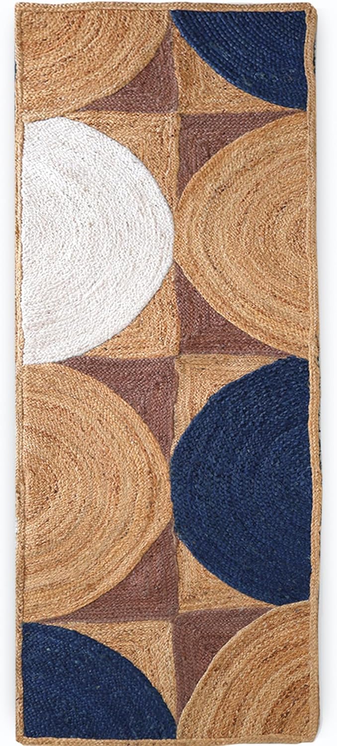 Jute Runner Rug 6x12 Non Slip for Hallway Area, Natural Fiber Area Rug Thick 0.27" Blue Half Moon Geometric Pattern Rugs for Entryway Laundry Kitchen Stairs Farmhouse Design Carpet