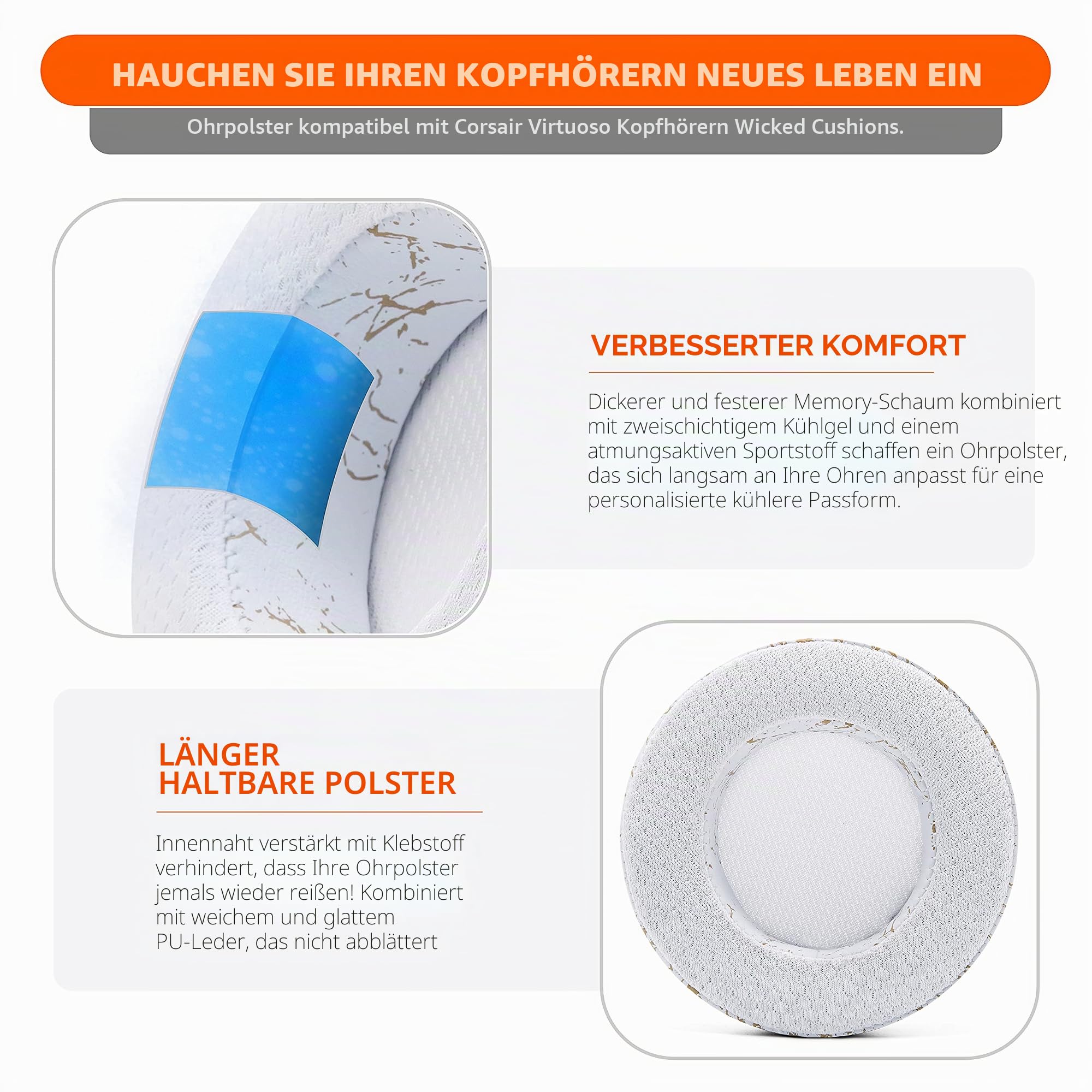 WC Freeze Virtuoso – Kühlgel-Ersatz-Ohrpolster für Corsair Virtuoso | Von Wicked Cushions | Hybrid-Sportstoff für mehr Haltbarkeit, Polsterstärke & Schallisolierung | Gold Marble
