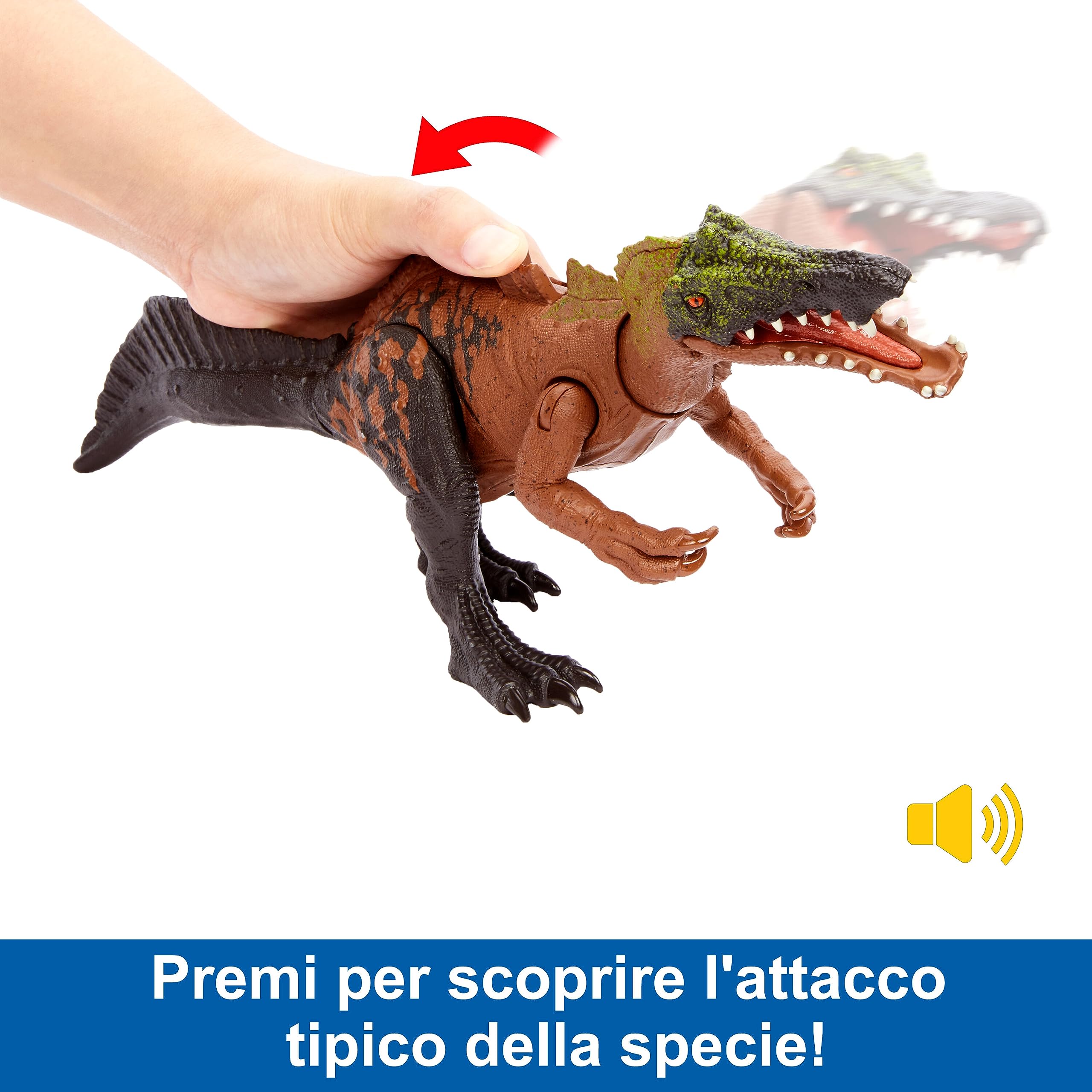 Mattel Jurassic World - Dinosauro Irritator Ruggito Selvaggio, action figure snodata con azione di attacco e ruggito roboante, giocattolo per bambini, 4+ anni, HLP22