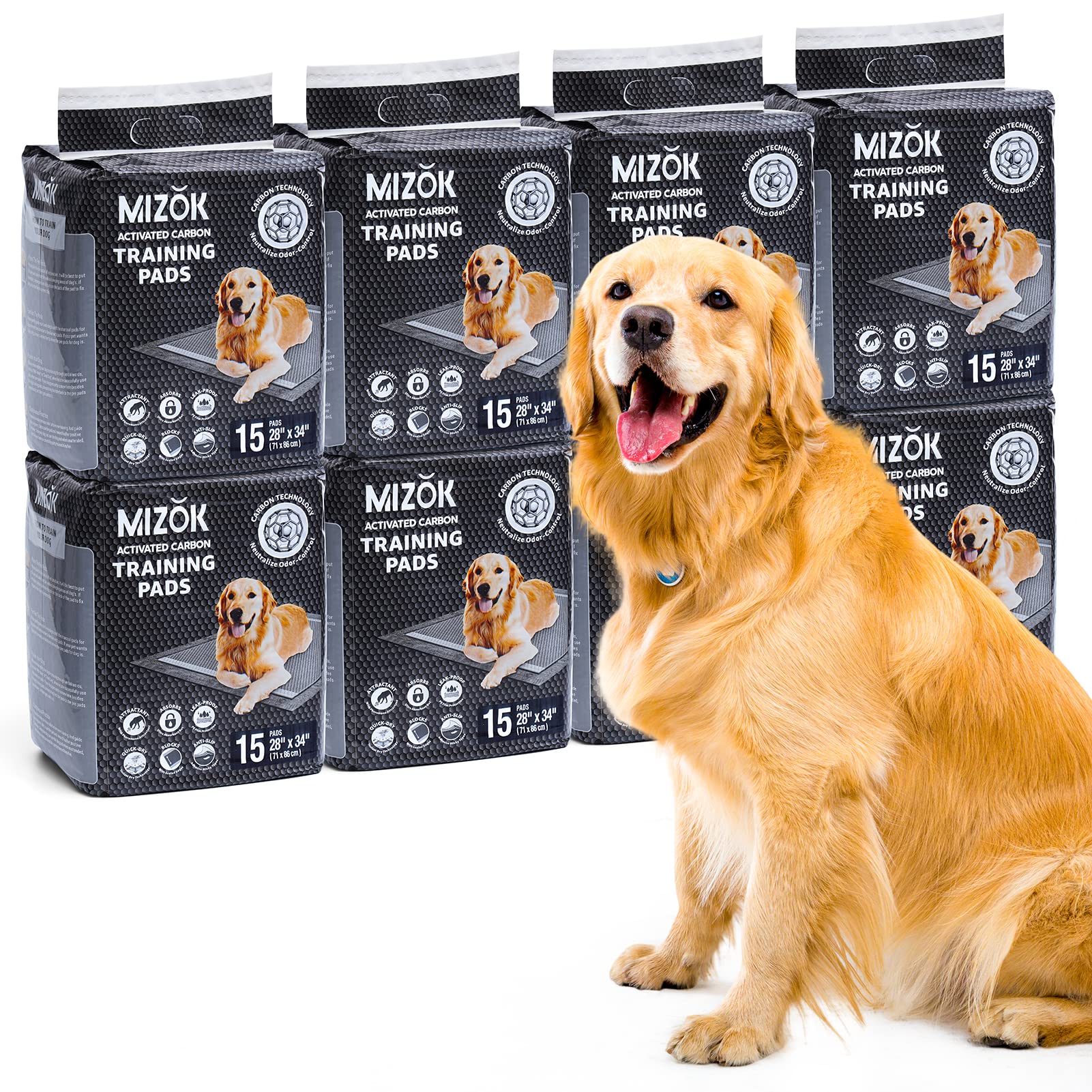 MIZOK Pee Pads for Dogs 28x34in Large Activated Carbon Puppy Pads Odor-Control Charcoal Dog Pads Super Absorption Up to 8 Cups of Urine, 6-Layer Leak-Proof Dog Pee Pads (120 Counts)