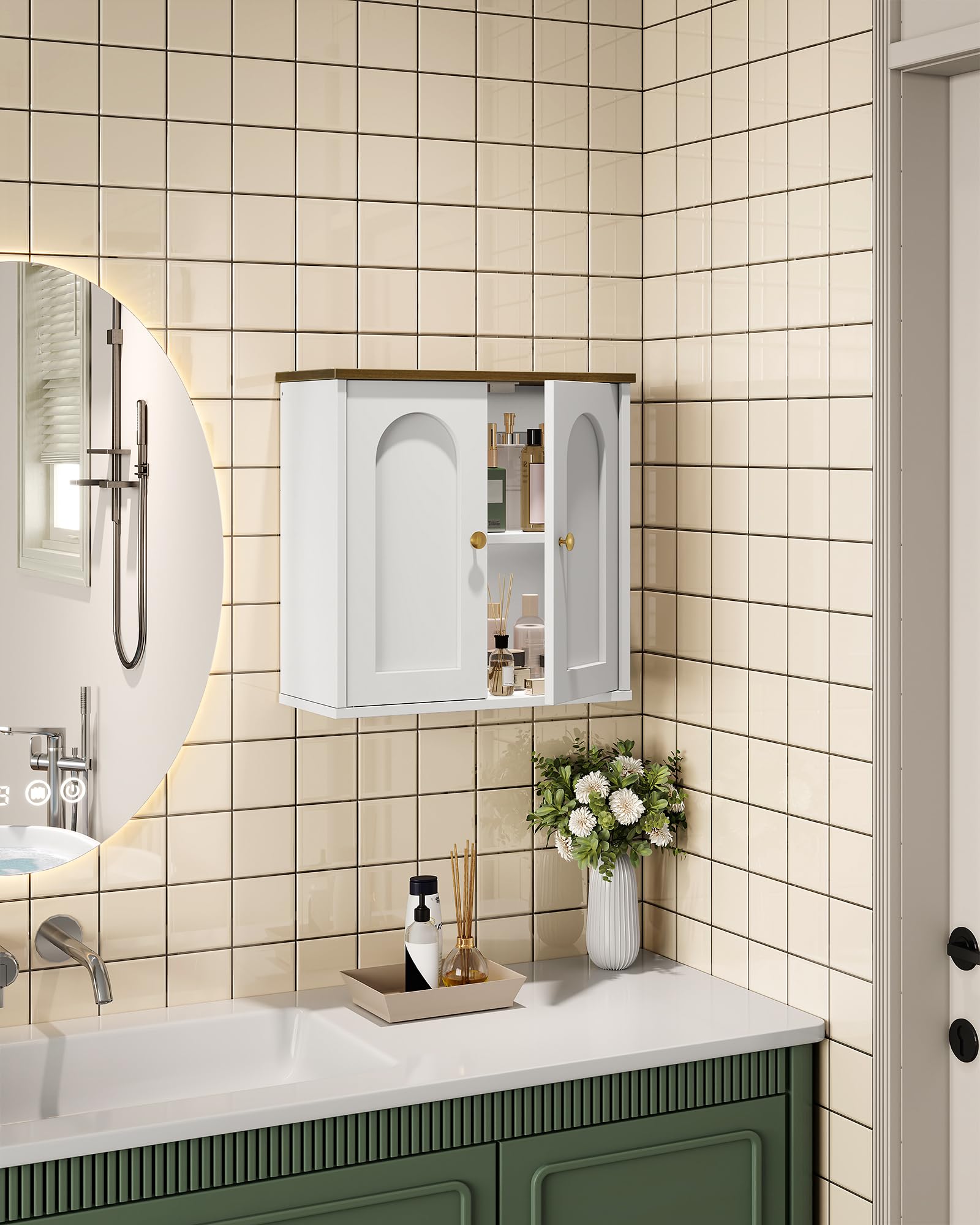 CHOEZON Armario de Baño de 40x18x40 cm, Armario de Baño sobre Pared con Estantes Ajustables, Mueble Colgante Estilo Rústico, para Baño, Cocina, Sala, Dormitorio, Blanco y Nogal