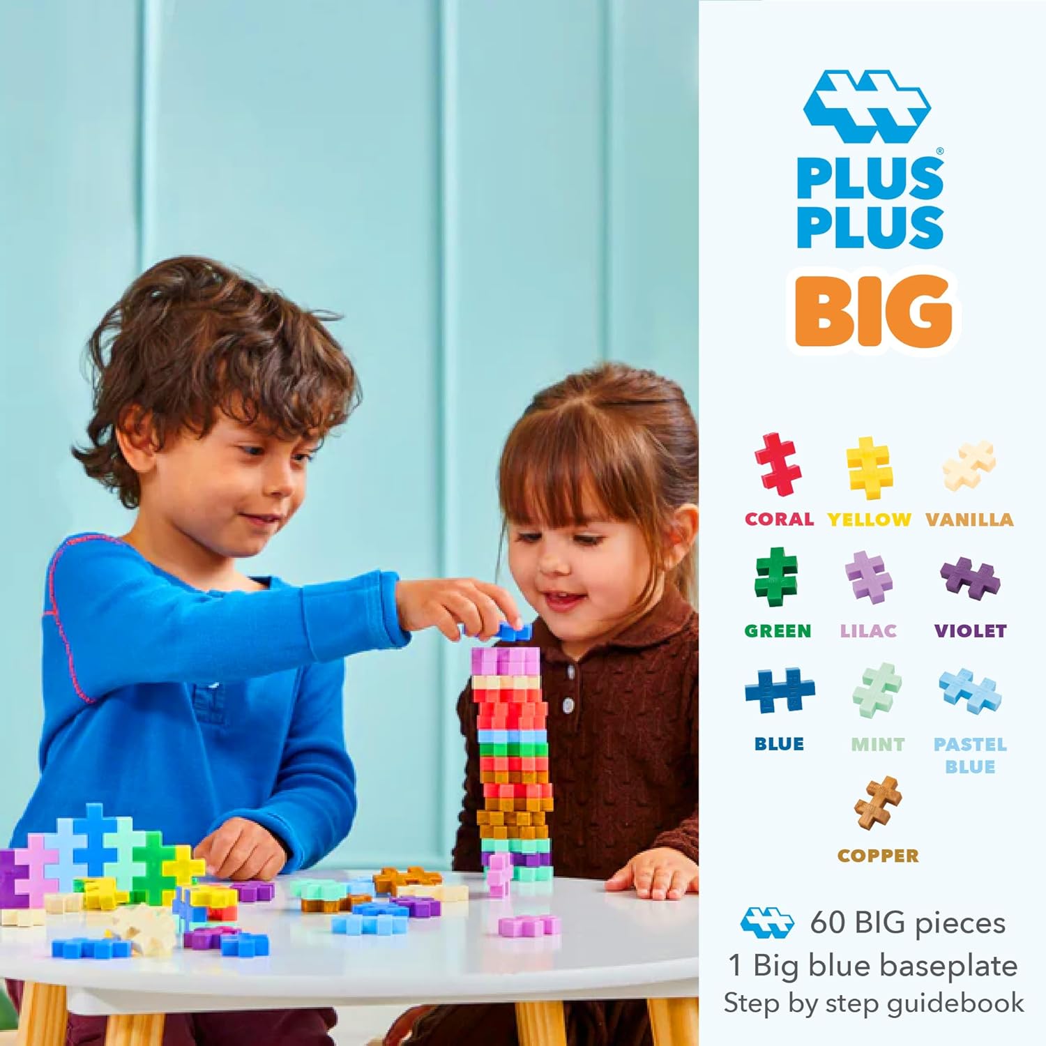 PLUS PLUS Learn to Build Big, Building Toys Set for Toddlers and Preschoolers, Stem Toys for 3+ Year Old, 60 Interlocking Blocks - Colorverse