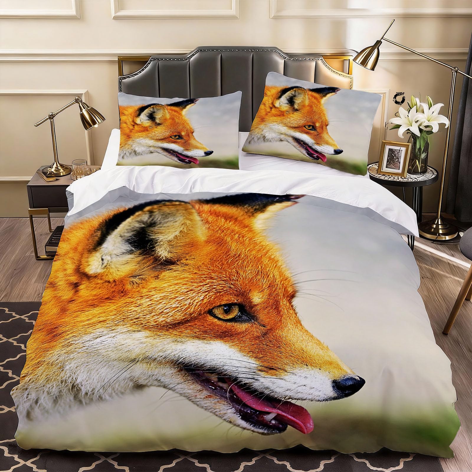 3D Animal Fox Duvet Cover Vibrant Wildlife Style Bedding Super King Bed Set, Soft Microfiber Comforter Cover Printed with Zipper Closure Quilt Coverr 260x220 cm and 2 Pillowcases