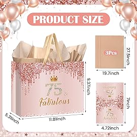 Yoirrat Rose Gold 75th Birthday Gift Bag for Women 75 & Fabulous Large Pink Happy 75th Birthday Gift Bag with Wrapping Paper and Card for 75th Bday Decorations Party Supplies