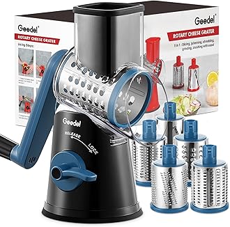 Rotary Cheese Grater Cheese Shredder - Upgraded 5-in-1 Cheese Grater with Handle and Strong Suction Base, Multi-purpose Vegetable Slicer Ice Shaver Nuts Grinder for Ice, Vegetables, Fruit, Nuts