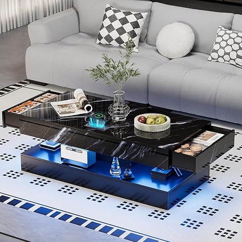 Mesa auxiliar grande de 47.2 pulgadas con LED de alto brillo con 2 cajones deslizantes, mesa inteligente para sala de estar con carga inalámbrica y