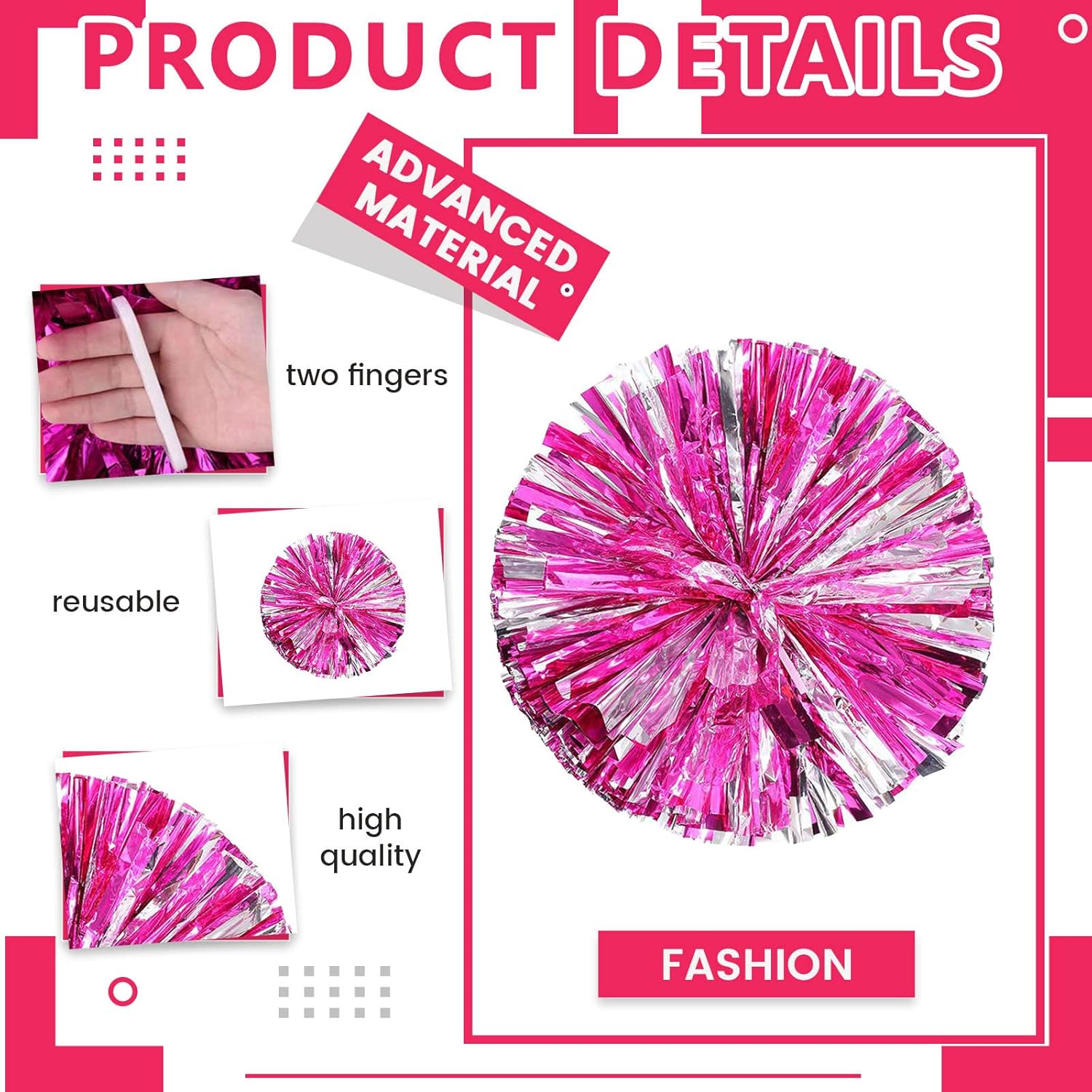 Cheerleader Pom Poms 20 Pack Sports Dance Cheering Plastic Metallic Cheerleading Pom Poms for Kids Adults (Powder+Silver)