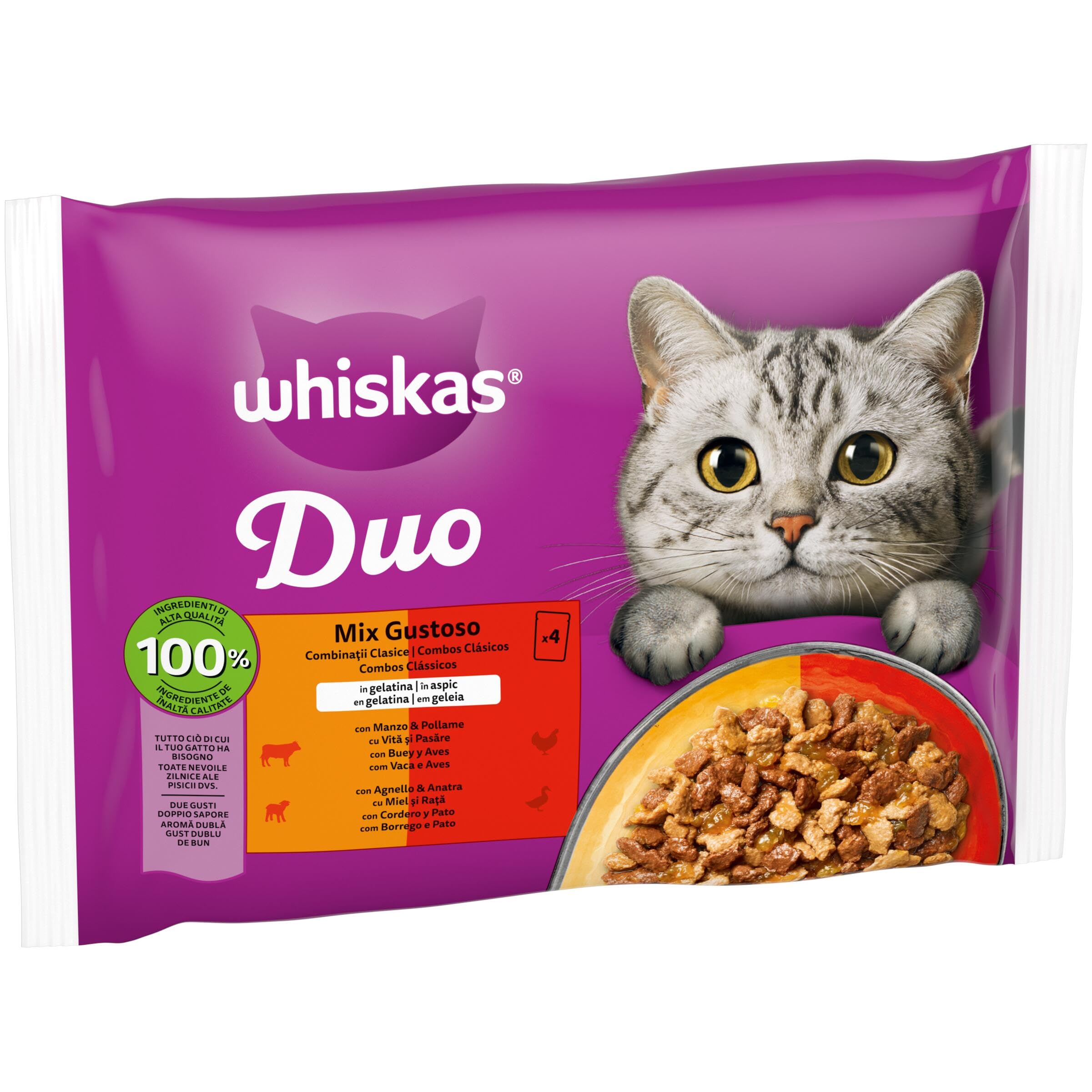 WHISKAS® Duo Comida húmeda en gelatina Gatos Adultos 4x85 g Comb. Clásicas (Paquete de 13) 52 Sobres