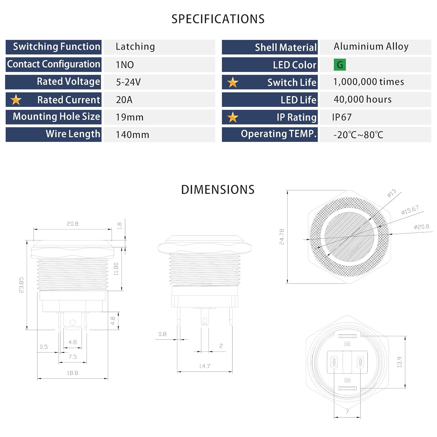 LED Latching Push Button Switch, Aluminum Alloy, IP67 Waterproof 5-24V 20A 1NO, with Wire Socket Plug (1, Green, 19mm)