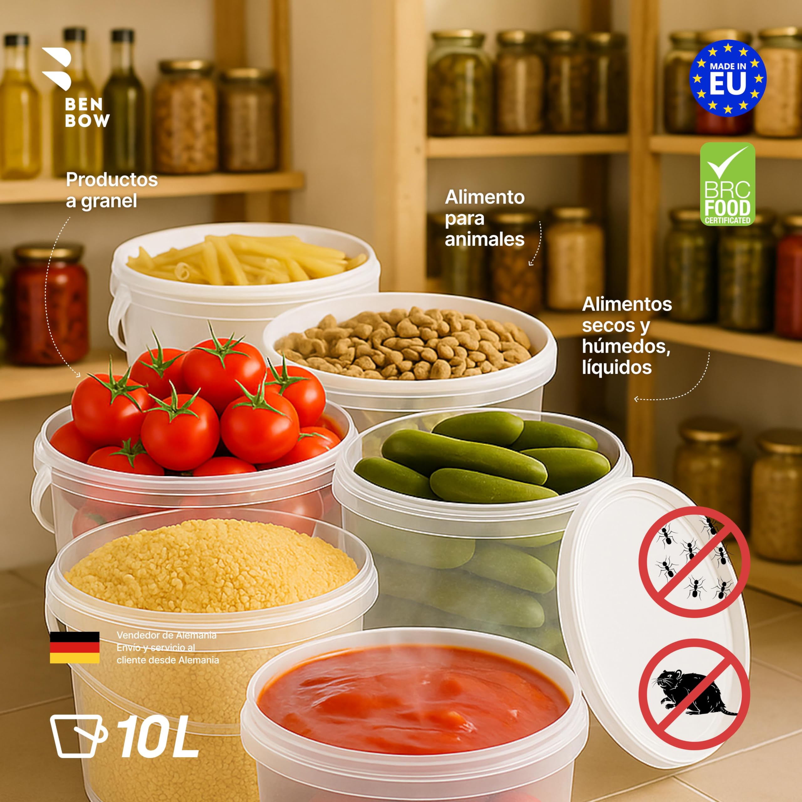 BenBow Cubo con Tapa 10l Transparente 20x 10 litros - Seguro para los Alimentos, Estable, hermético, contenedor de Almacenamiento de plástico, con asa - vacío